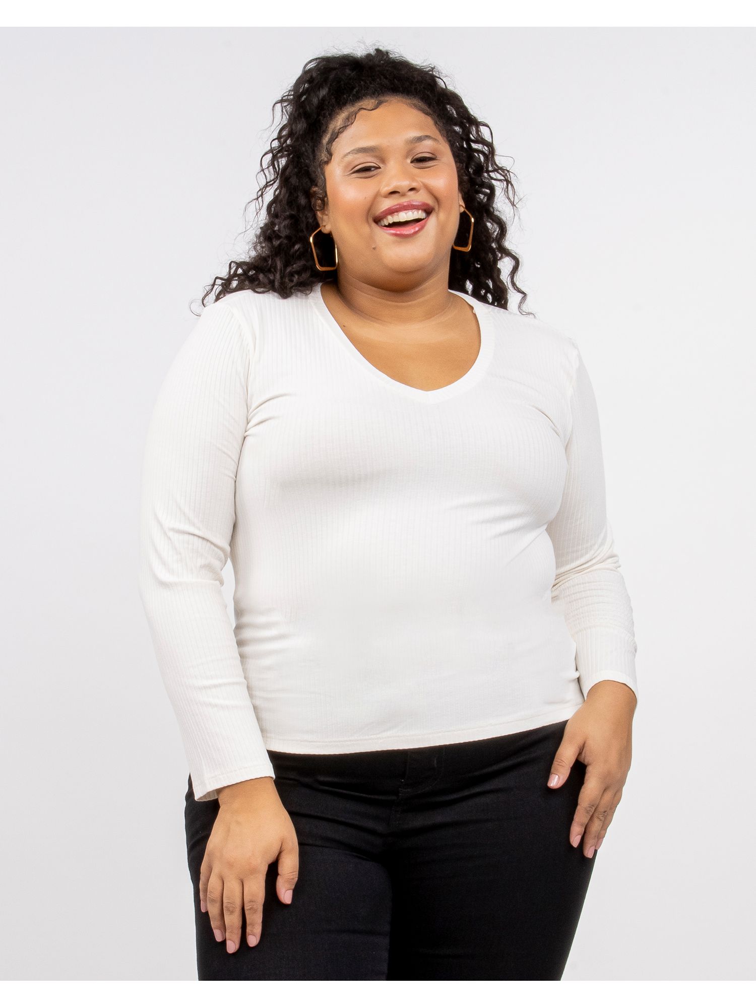 blusa canelada manga longa plus size