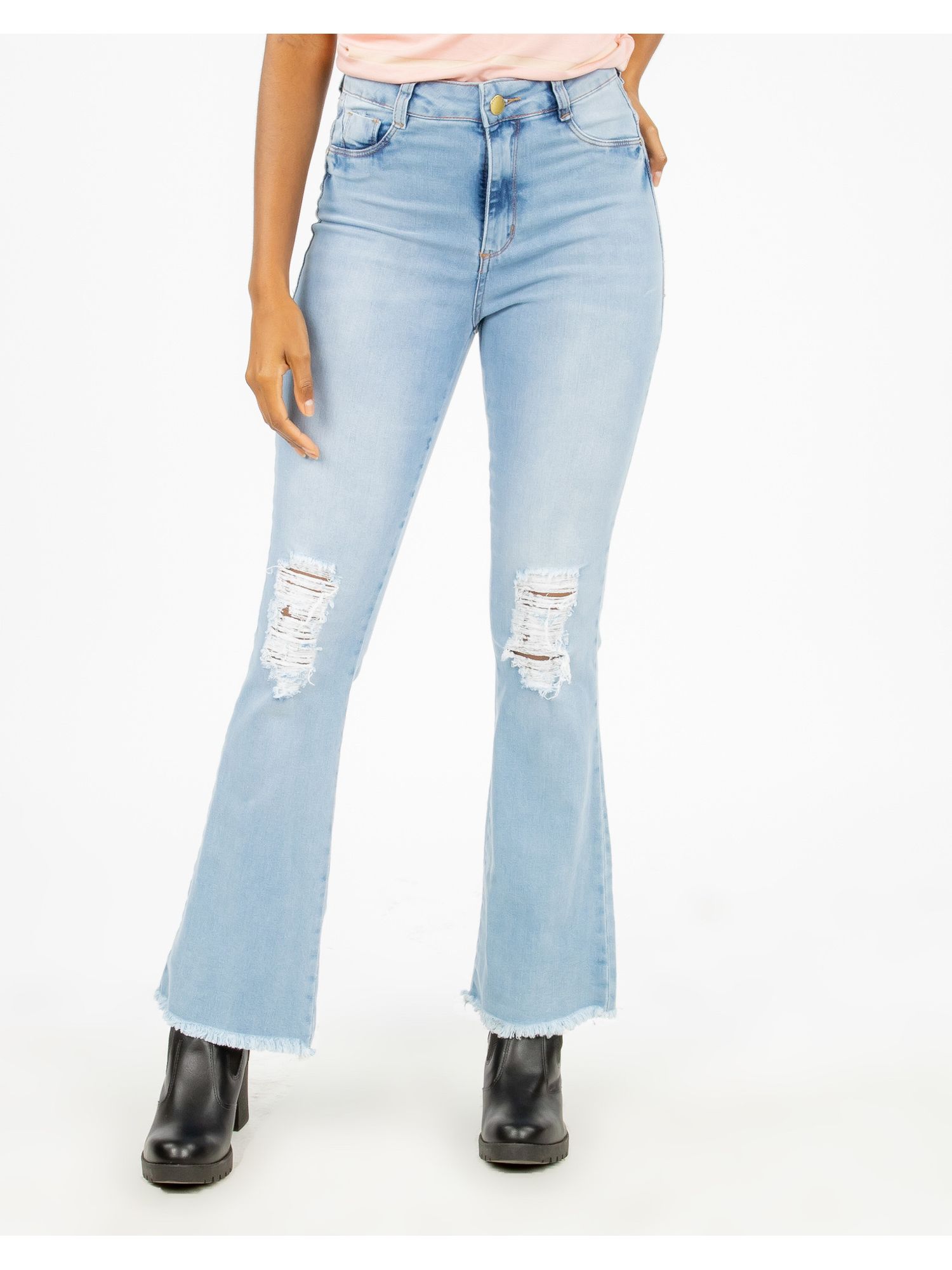 Calça jeans best sale flare desfiada