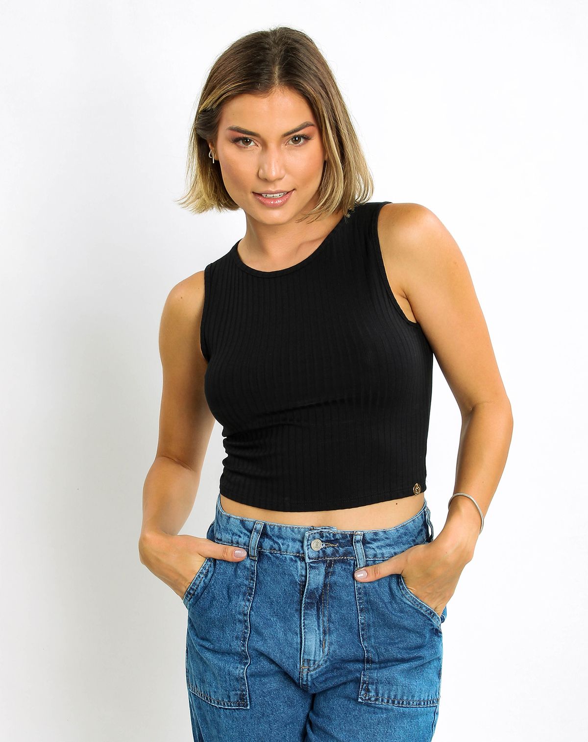 Regata Cropped Canelada Básica Feminina preto - m