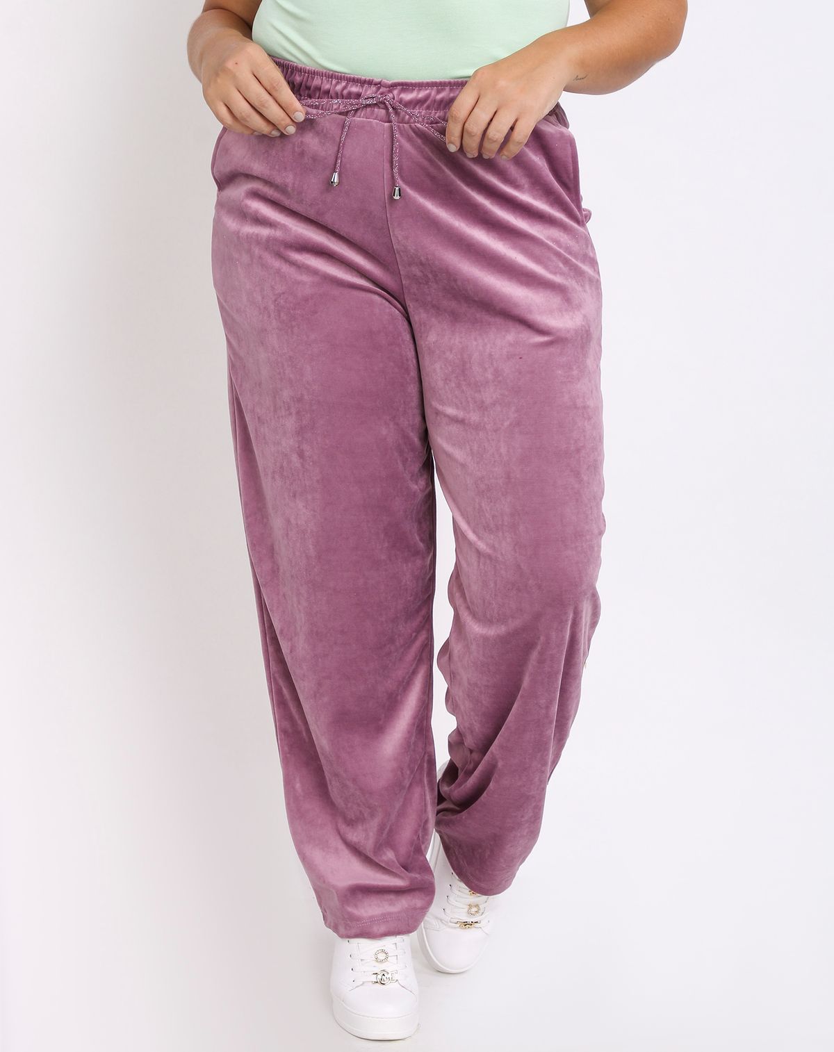 Calça Veludo Plus Size Feminina Bolsos lilas - g1