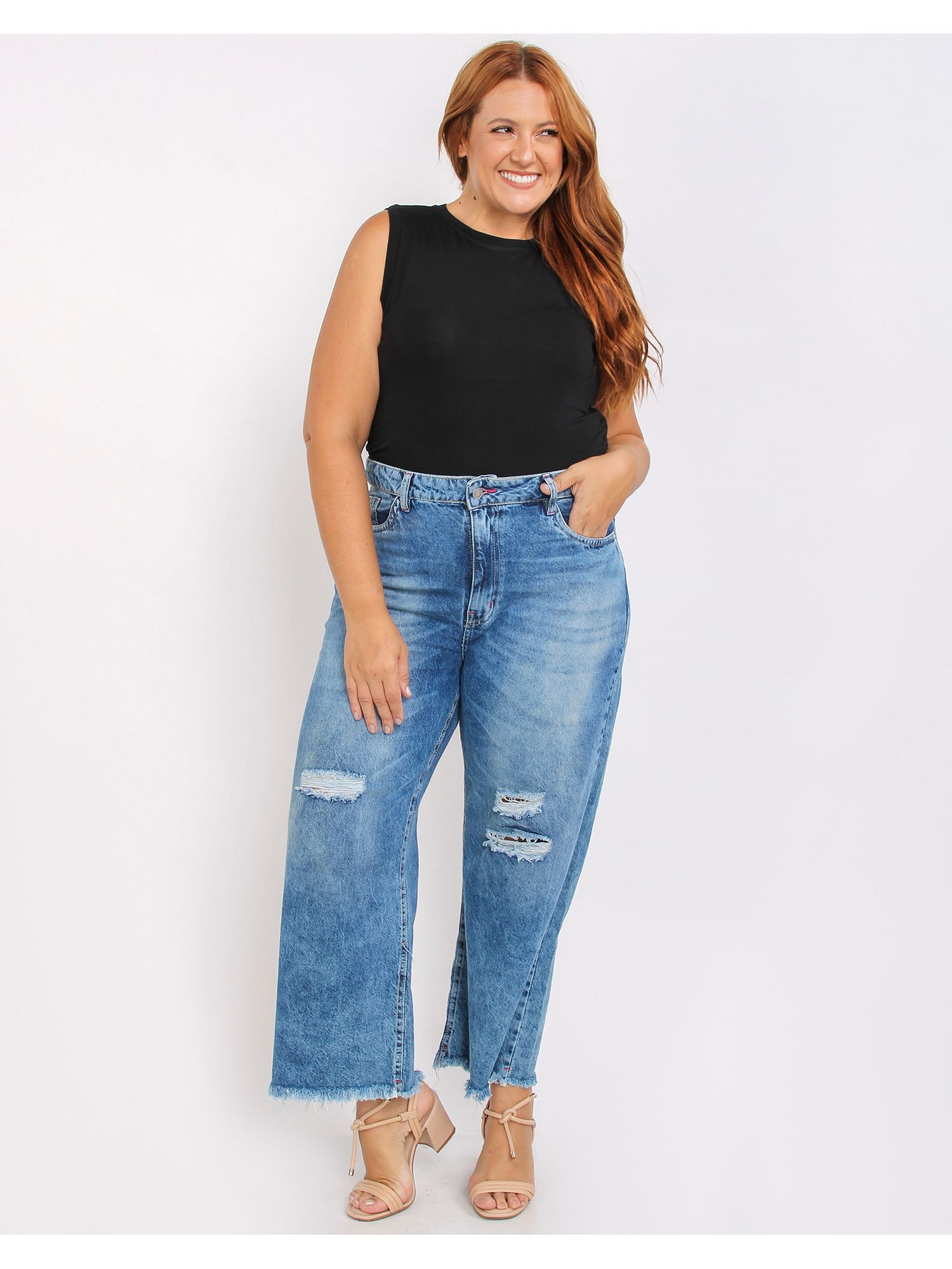 Calça Jeans Wide Leg Plus Size Feminina Destroyed - lojasbesni