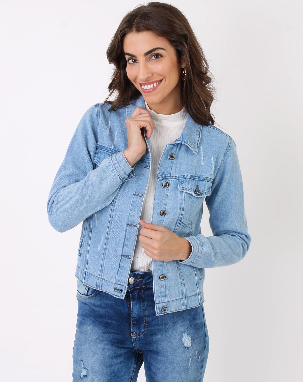 Jaqueta Bomber Jeans Feminina Bolso Lapela jeans claro - m