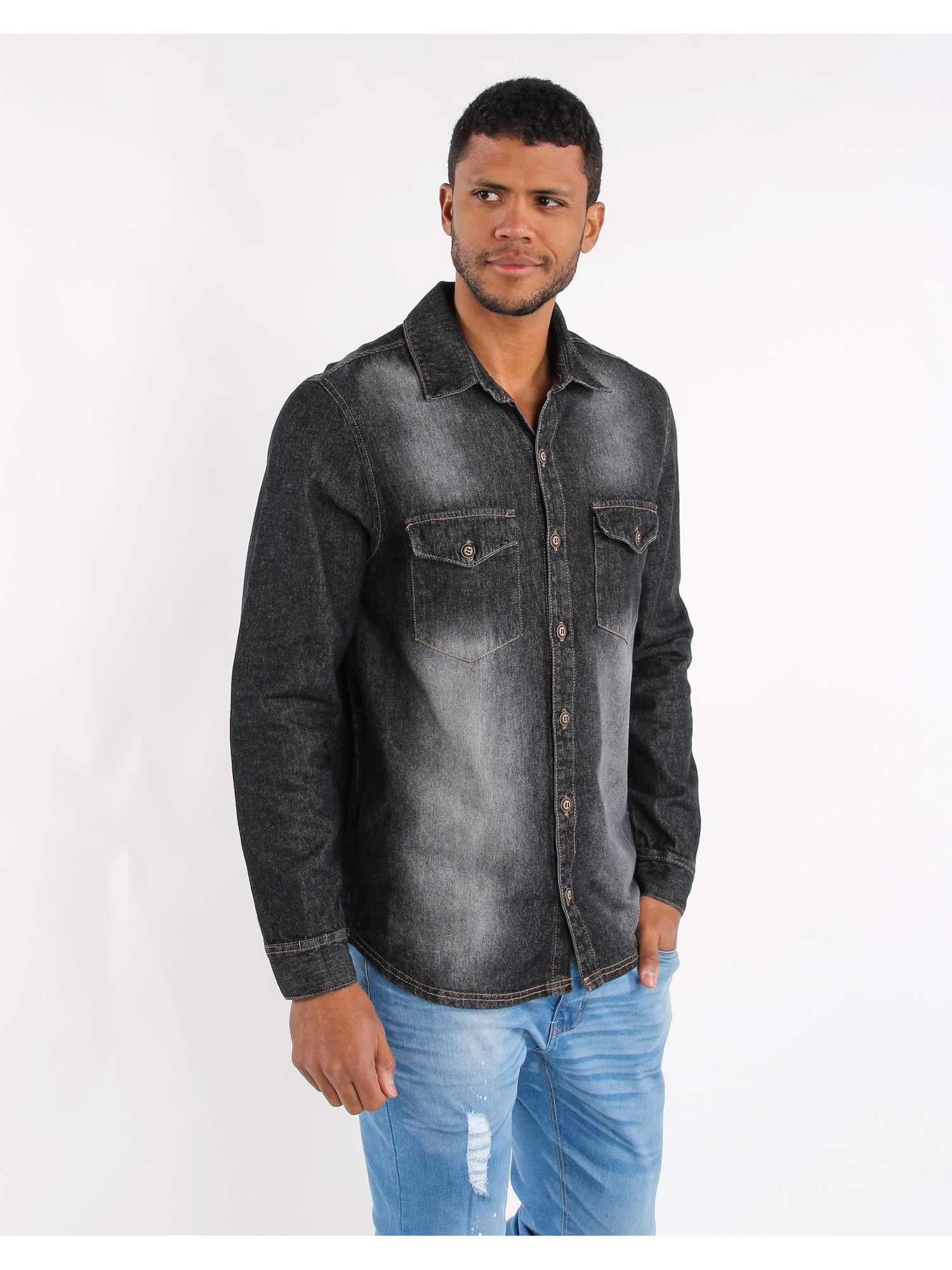 Camisa jeans manga longa 2024 masculina