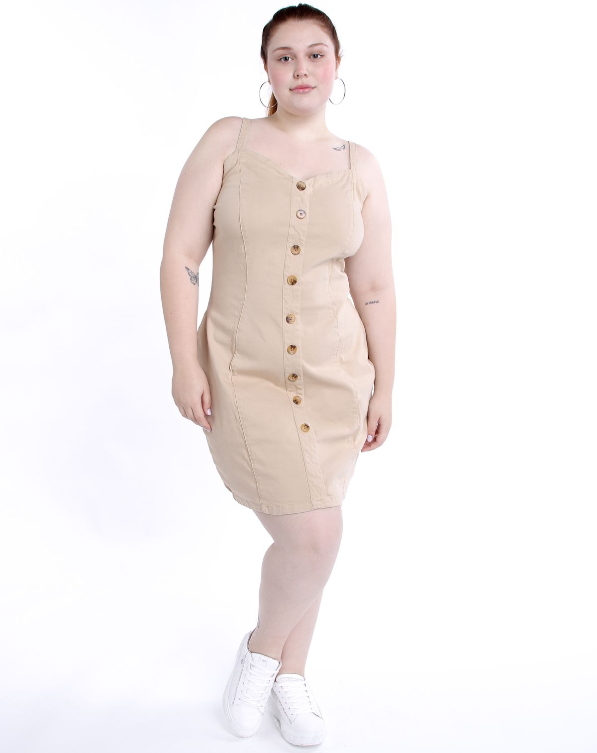 Vestido Curto Sarja Plus Size Feminino Alças Finas Botões bege - g1