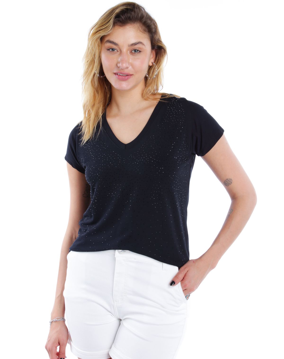 Blusa Manga Curta Feminina Strass preto - p