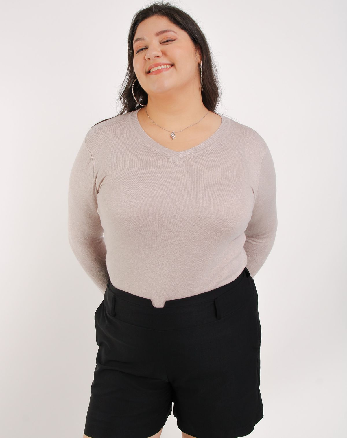 Suéter Tricô Feminino Plus Size Decote V mescla bege - g2