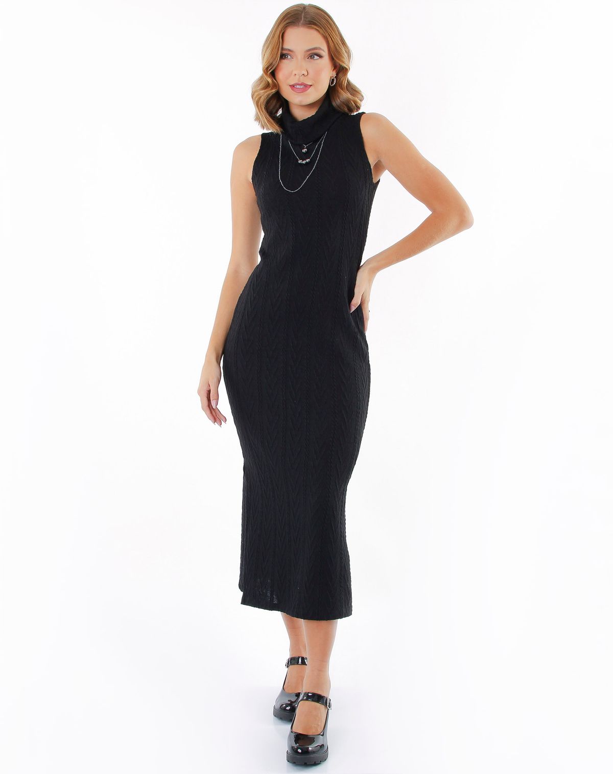 Vestido Midi Tricô Feminino Fenda Frontal preto - g