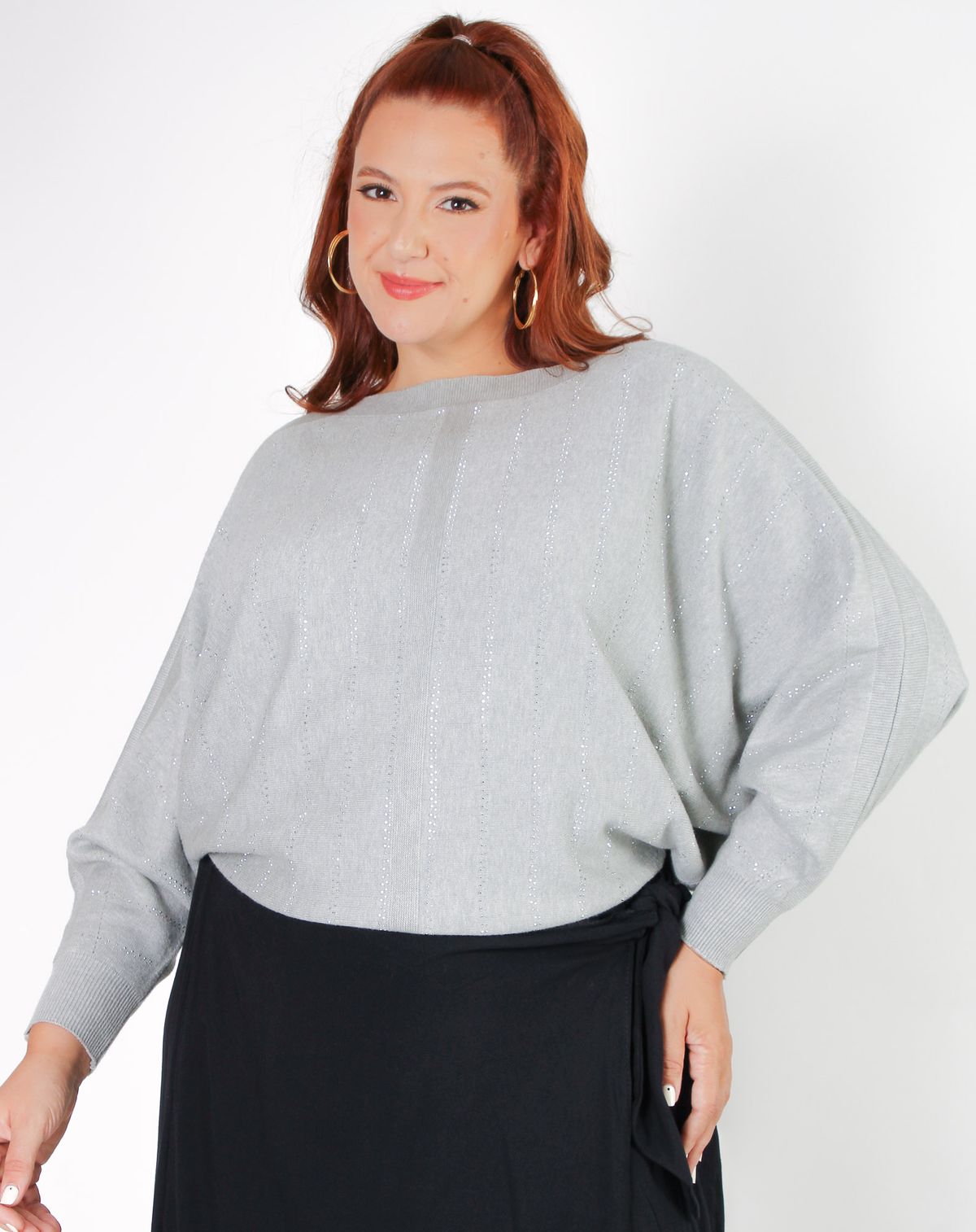 Suéter Amplo Tricô Feminino Plus Size Listrada mescla cinza - g2