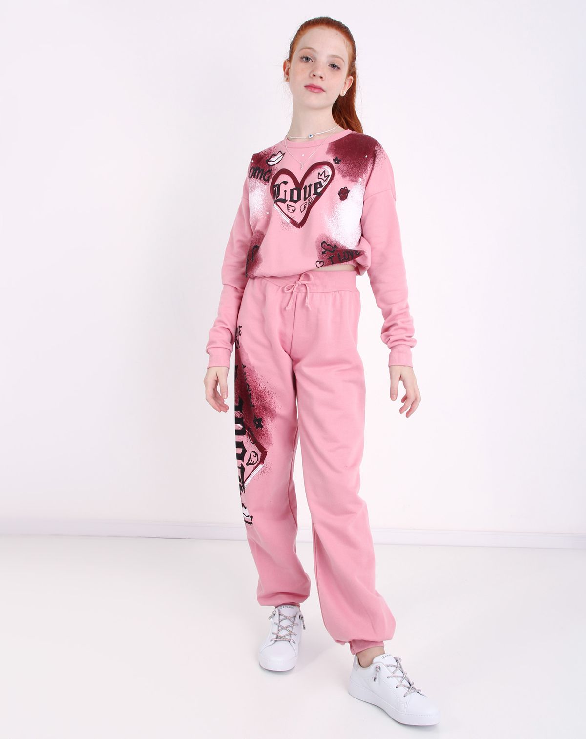 Calça Moletom Juvenil Menina Jogger Estampada rose - 12