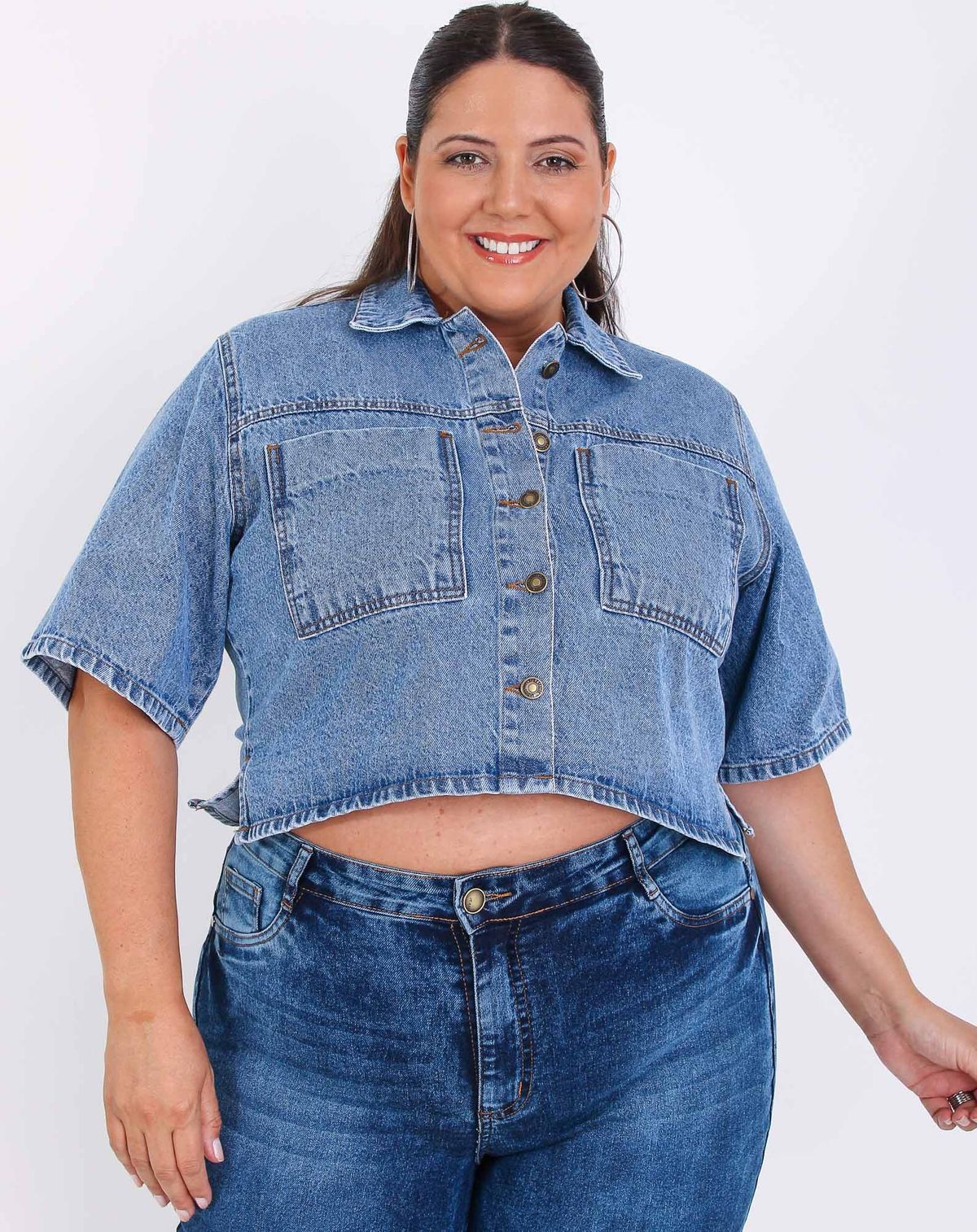 Camisa Cropped Plus Size Jeans Feminina Manga Curta jeans mÉdio - g2