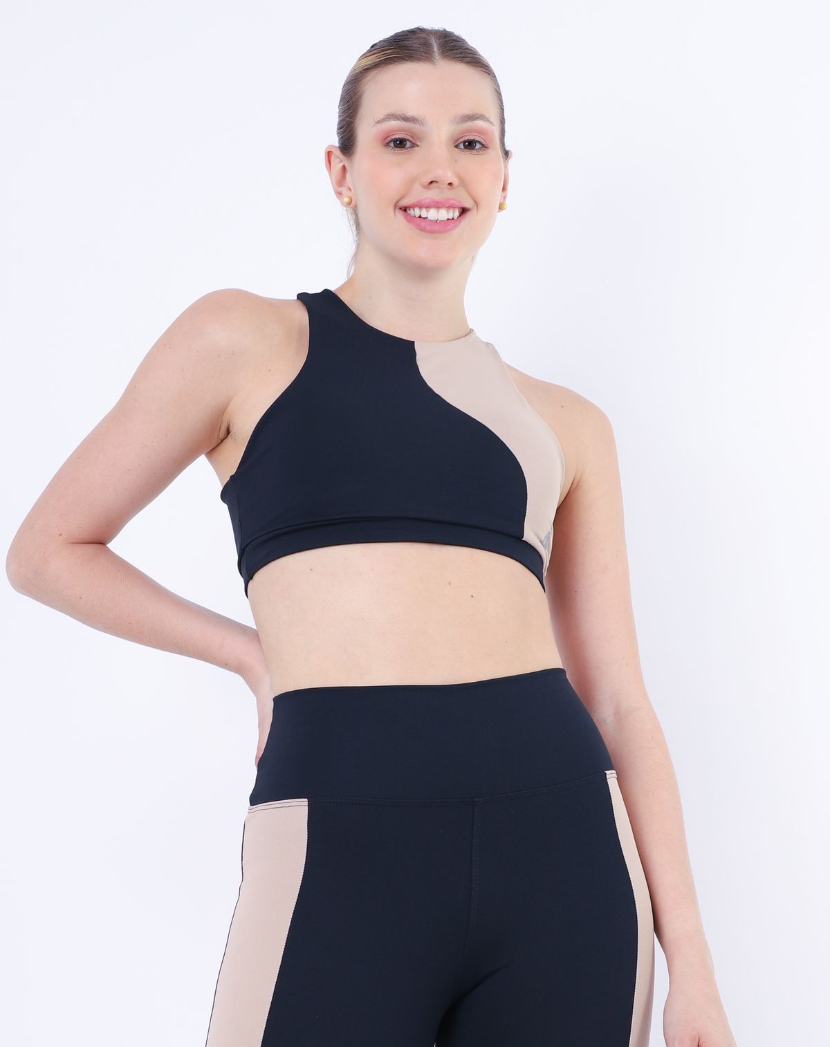 Top Fitness Feminino Costas Nadador preto/bege - p