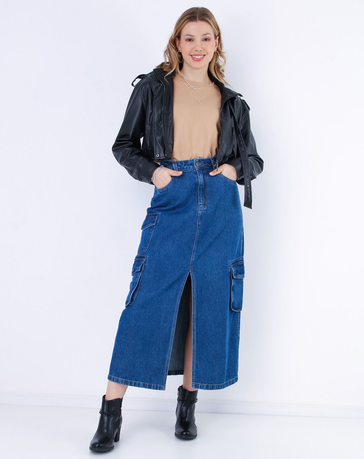 Saia Midi Jeans Feminina Cargo jeans mÉdio - 36