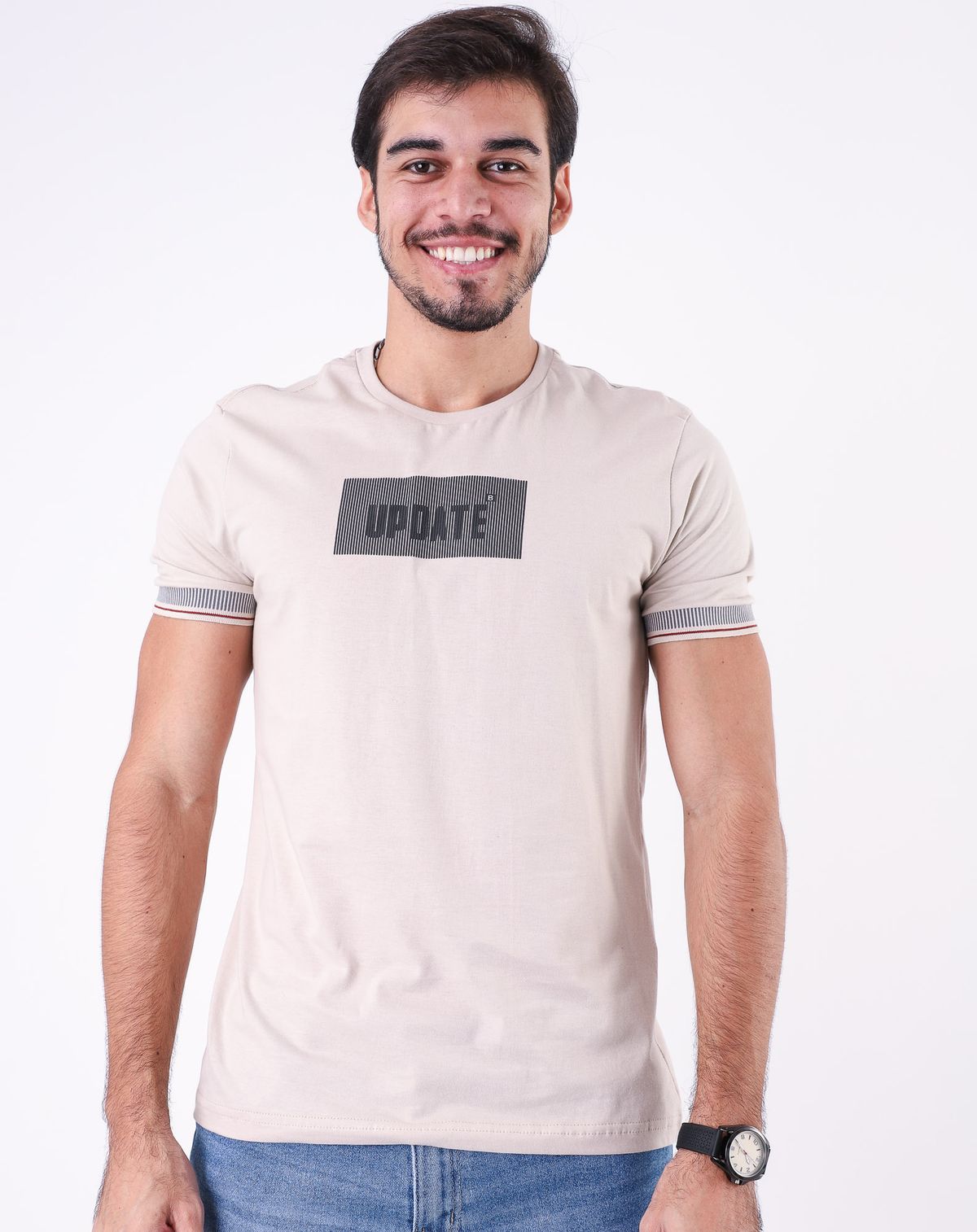 Camiseta Manga Curta Masculina Estampada bege - p