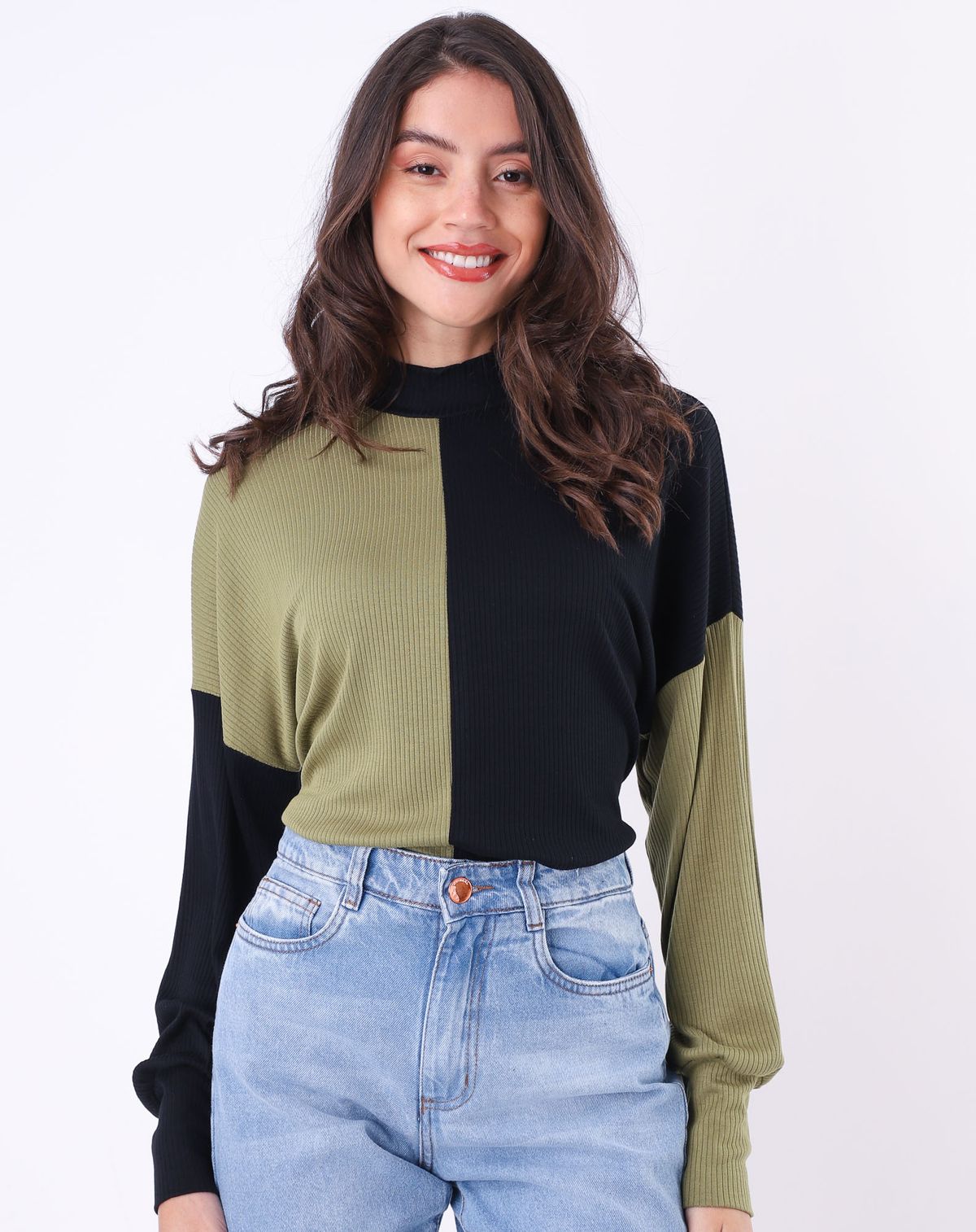 Blusa Feminina Manga Longa Gola Alta preto/militar - p