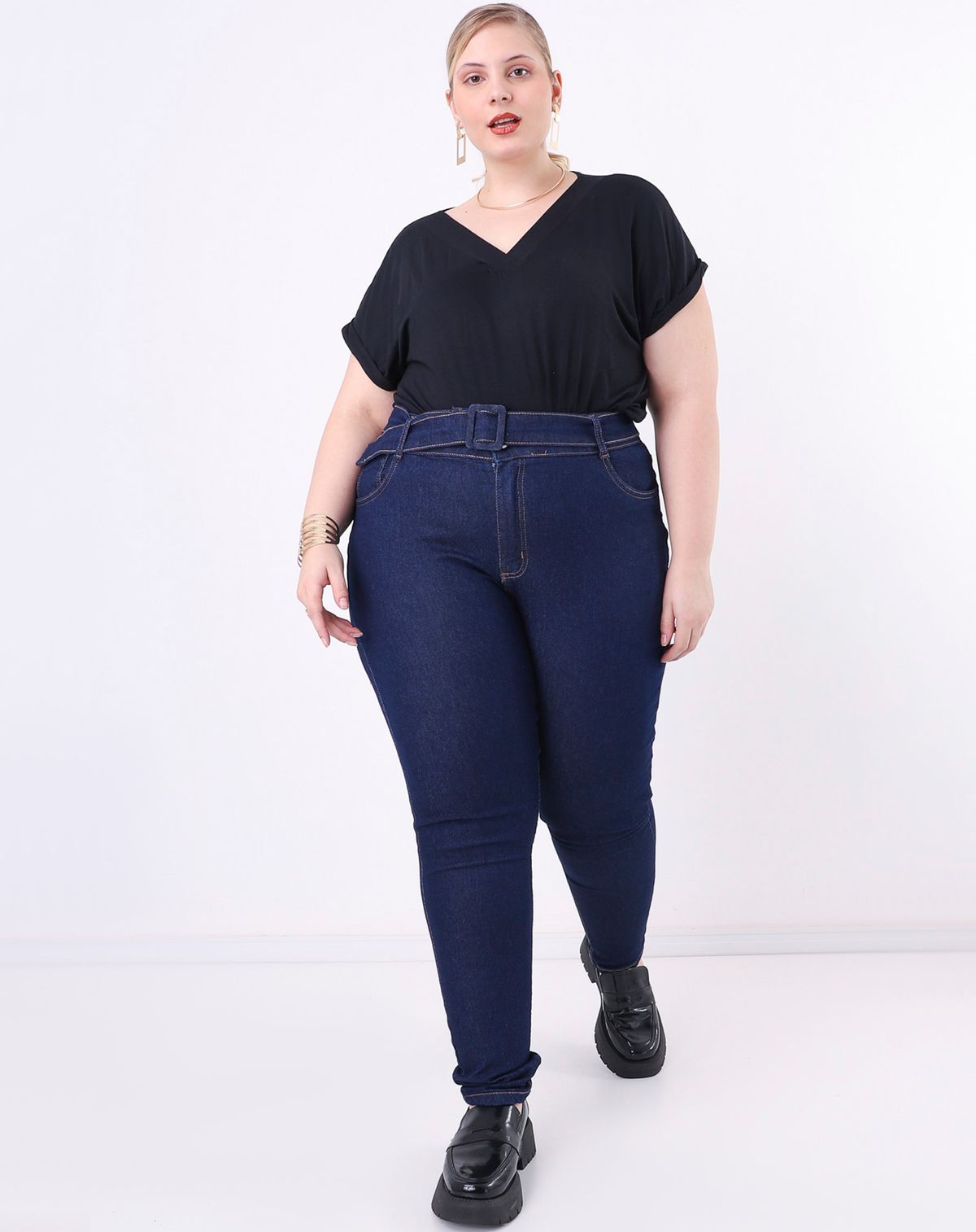 Calça Jeans Cigarrete Feminina Plus Size + Cinto jeans escuro - 46