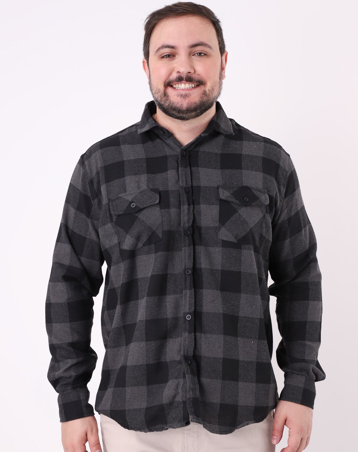 Camisa Manga Longa Masculina Plus Size Xadrez preto/cinza - g1