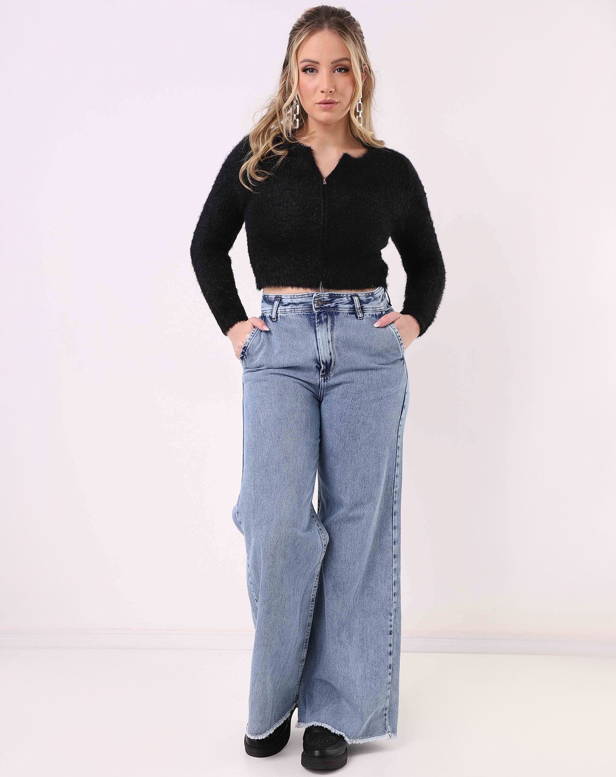 Calça Jeans Wide Leg Feminina Barra Desfiada jeans mÉdio - 36