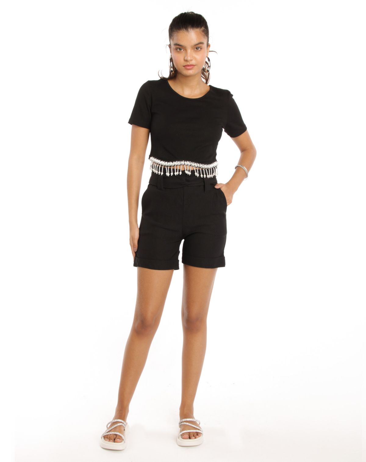 Short Bengaline Clochard Feminino Barra Dobrada preto - m