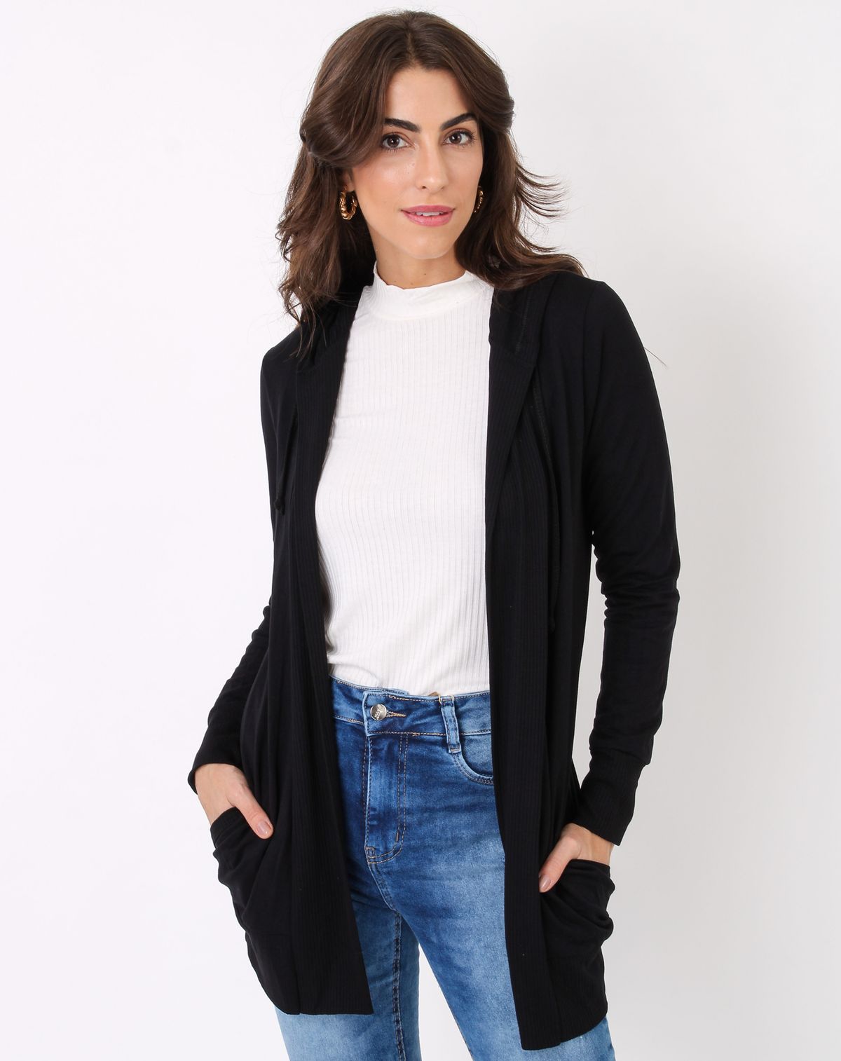 Cardigan Malha Alongado Manga Longa Feminino Bolsos Capuz preto - g