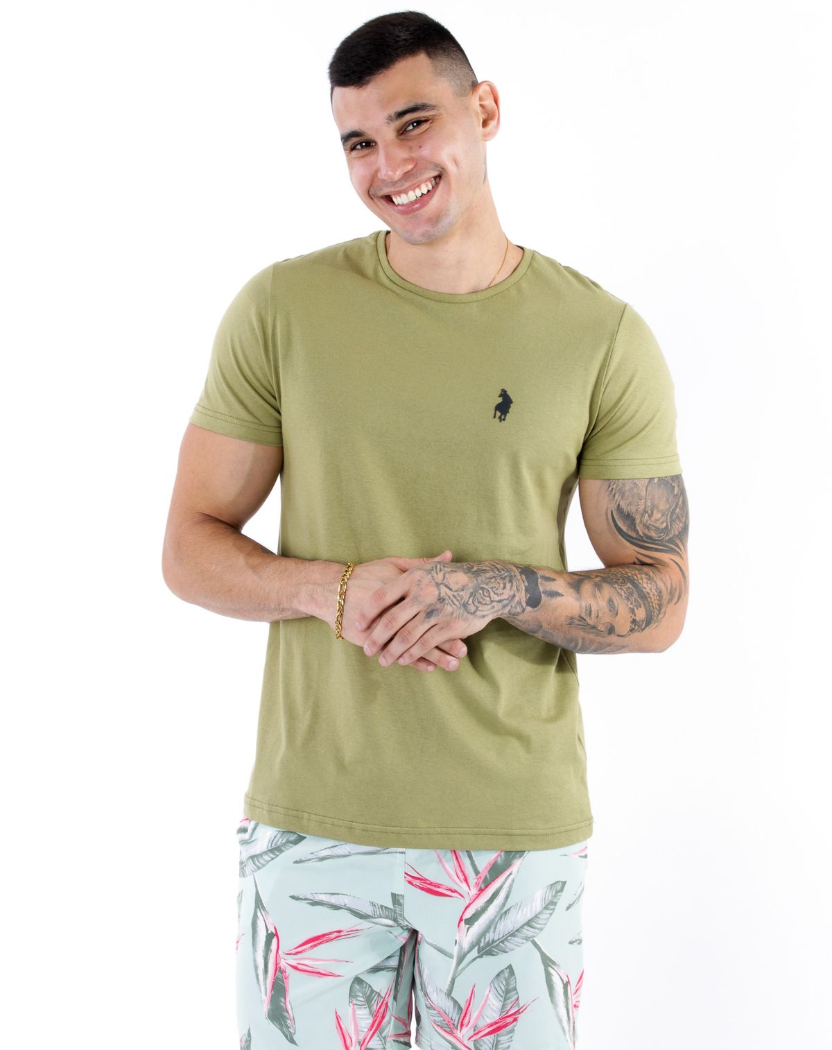 Camiseta Básica Manga Curta Masculina Gola Careca oliva - p