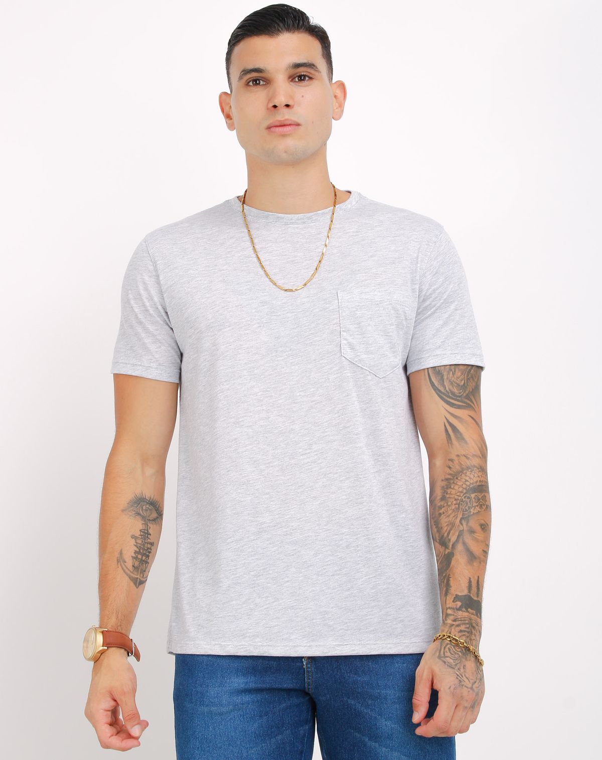 Camiseta Manga Curta Masculina Bolsos mescla branco - p