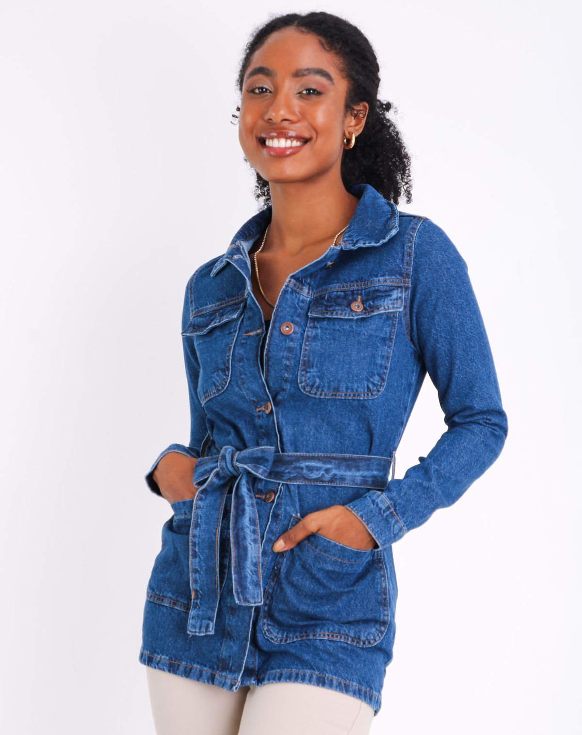 Jaqueta Parka Jeans Feminina Amarração jeans escuro - p