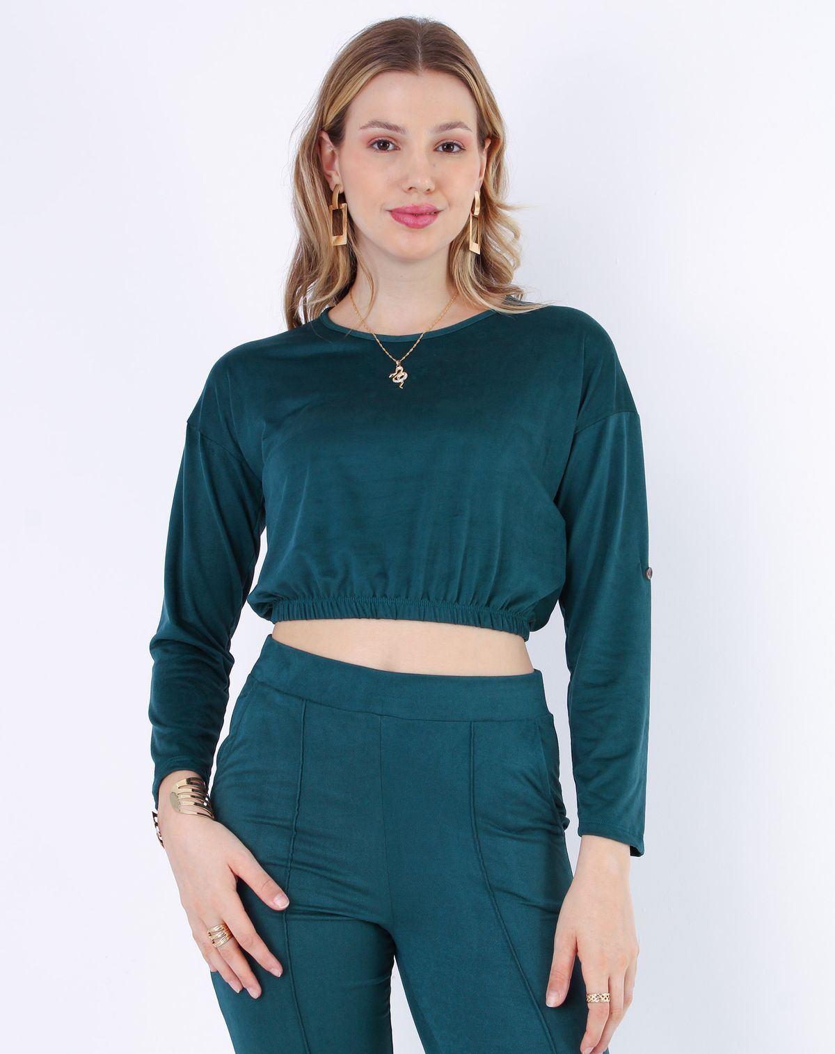 Blusa Cropped Manga Longa Suede Feminina verde escuro - p