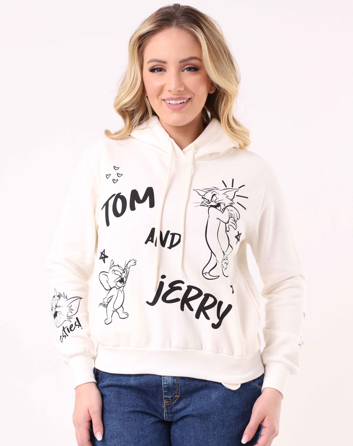 Blusa De Moletom Fechado Feminino Tom & Jerry off white - p