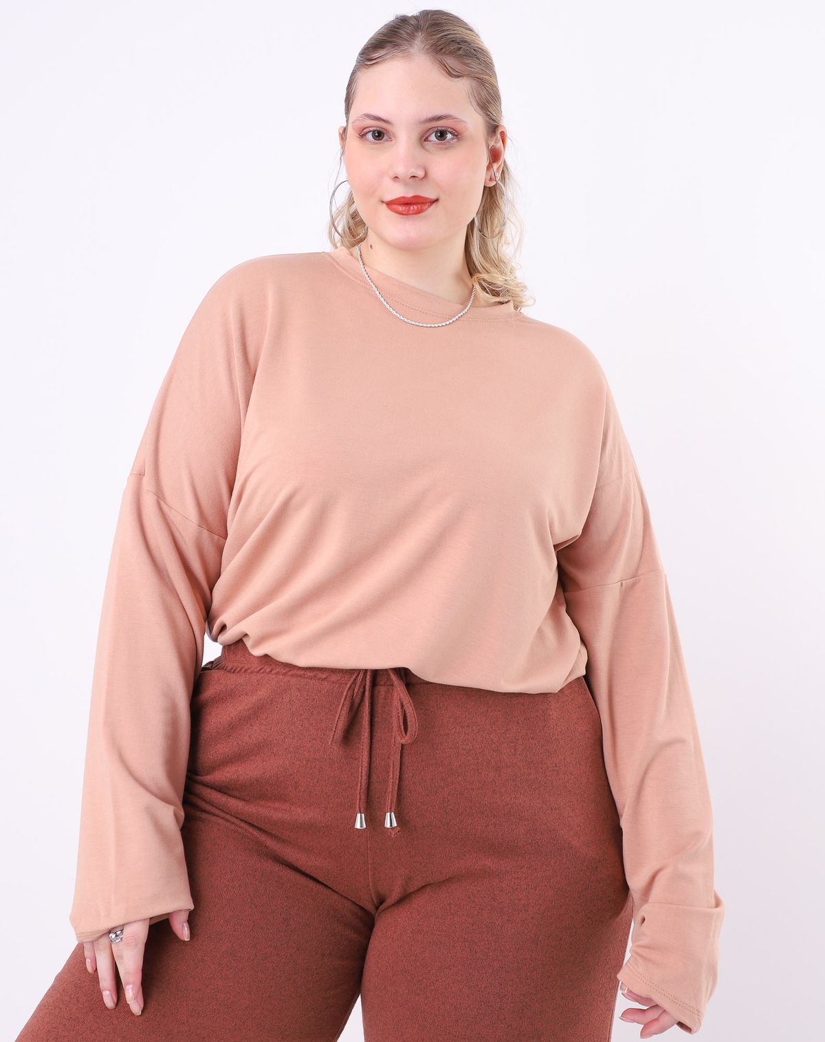 Blusa Cropped Manga Longa Plus Size Feminina bege - g1