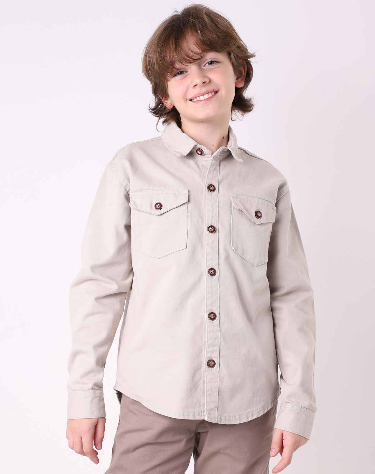 Camisa Sarja Manga Longa Juvenil Menino Bolsos areia - 10