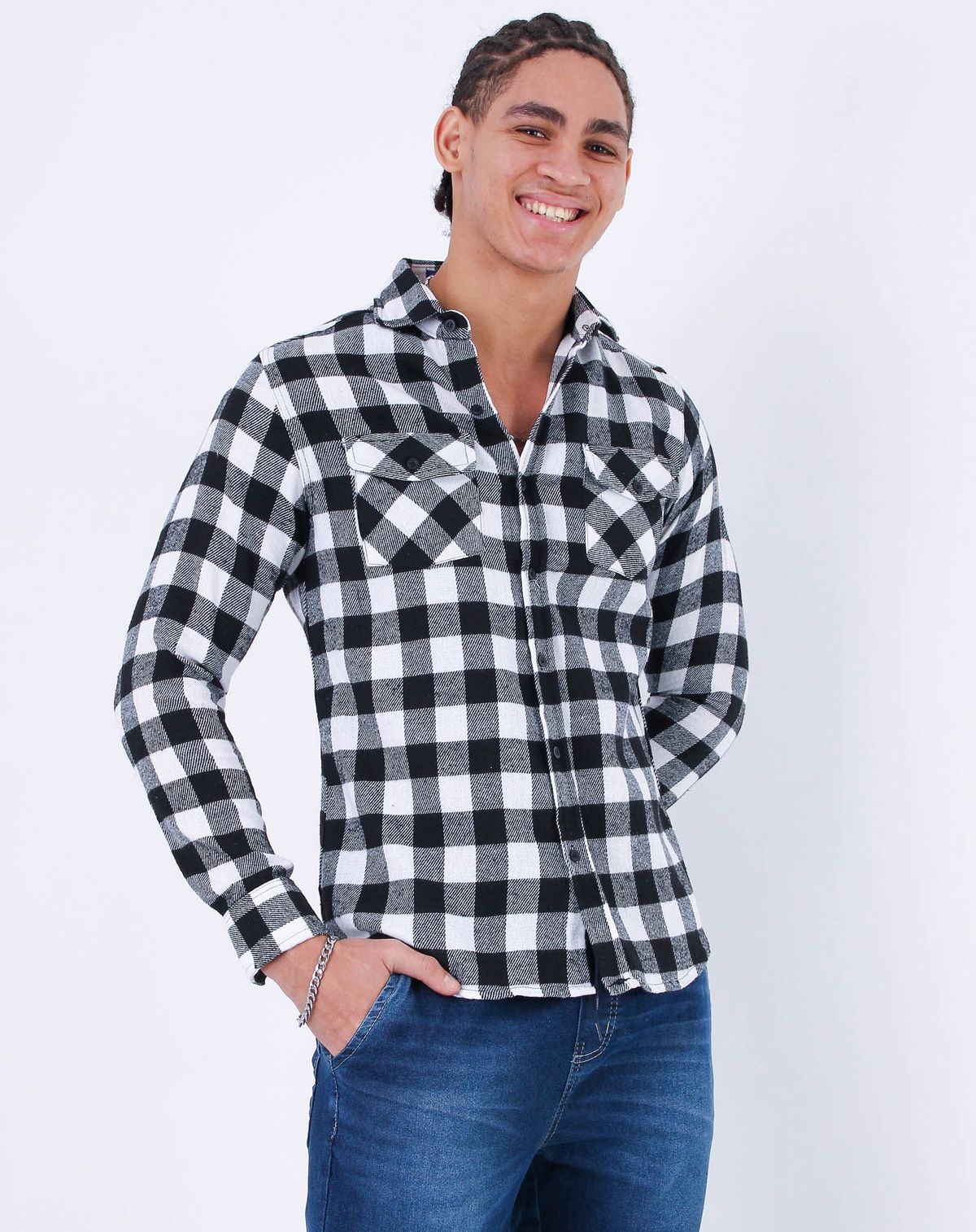 Camisa Xadrez Masculina Manga Longa preto - m