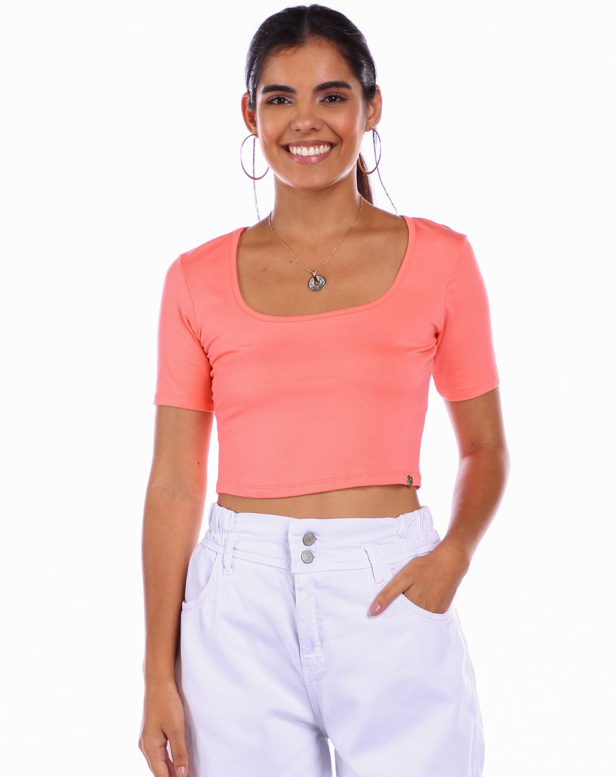 Blusa Manga Curta Feminina Decote Quadrado laranja - p