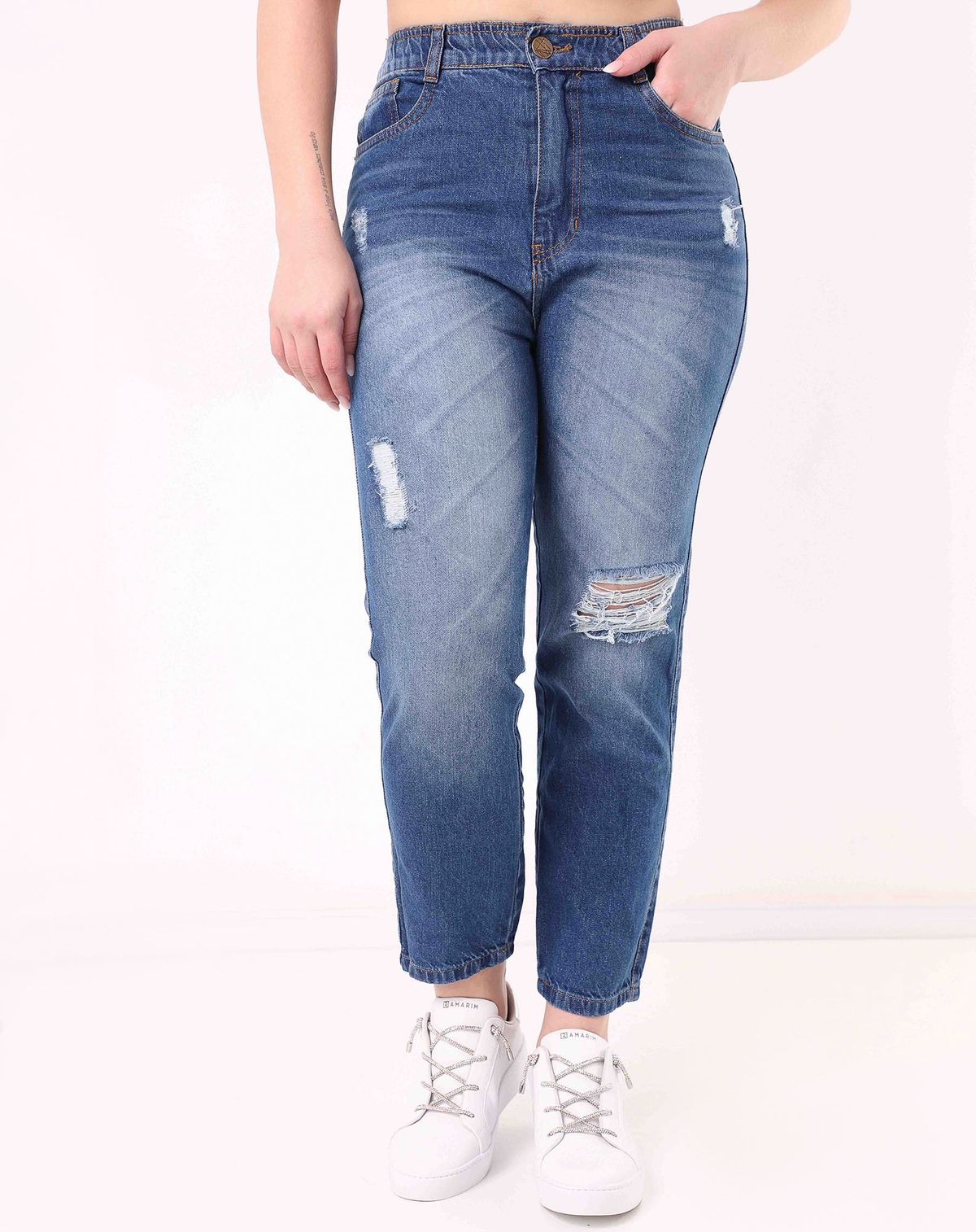 Calça Mom Feminina Puídos jeans mÉdio - 36