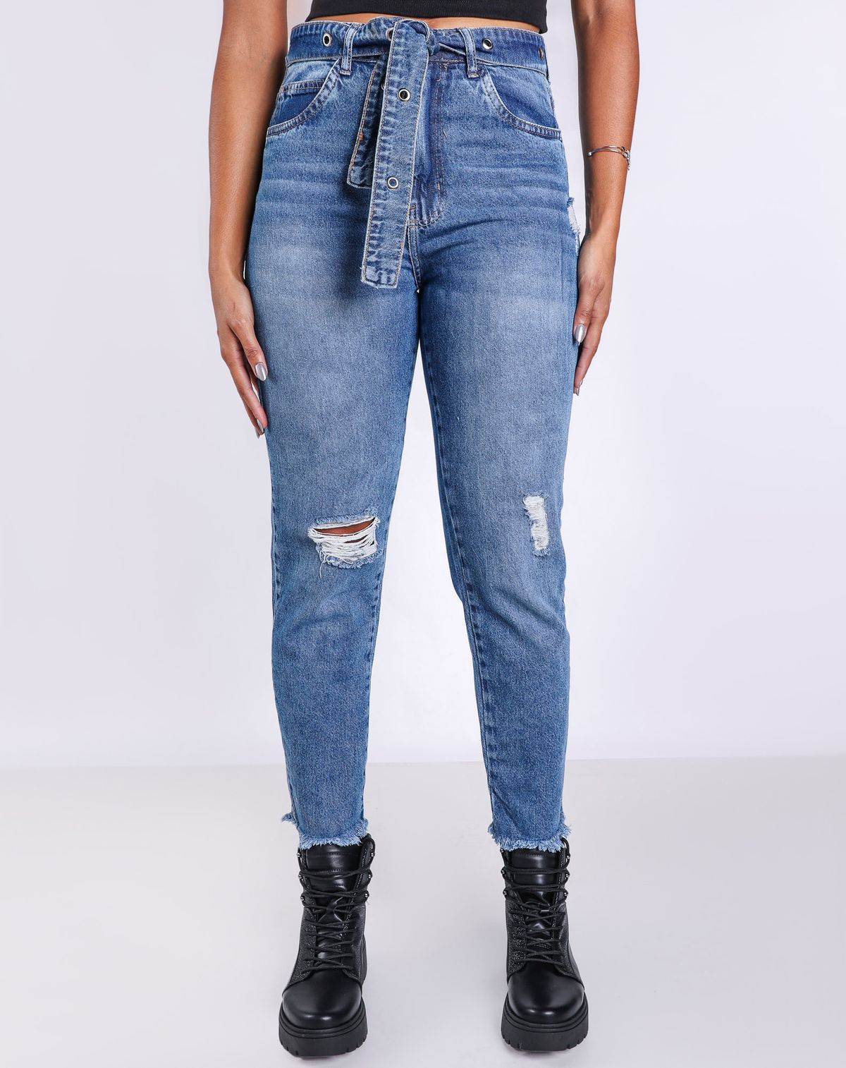 Calça Jeans Feminina Cintura Alta Amarração jeans mÉdio - 36