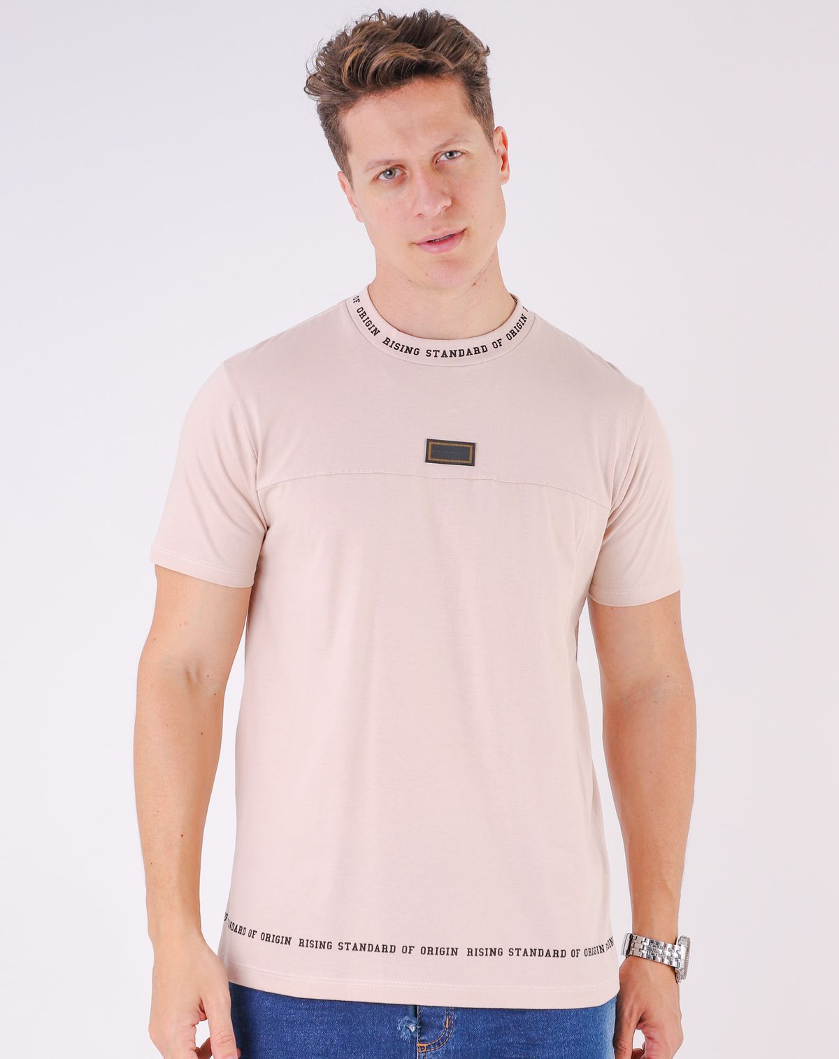 Camiseta Manga Curta Masculina Recortes Com Lettering bege - p