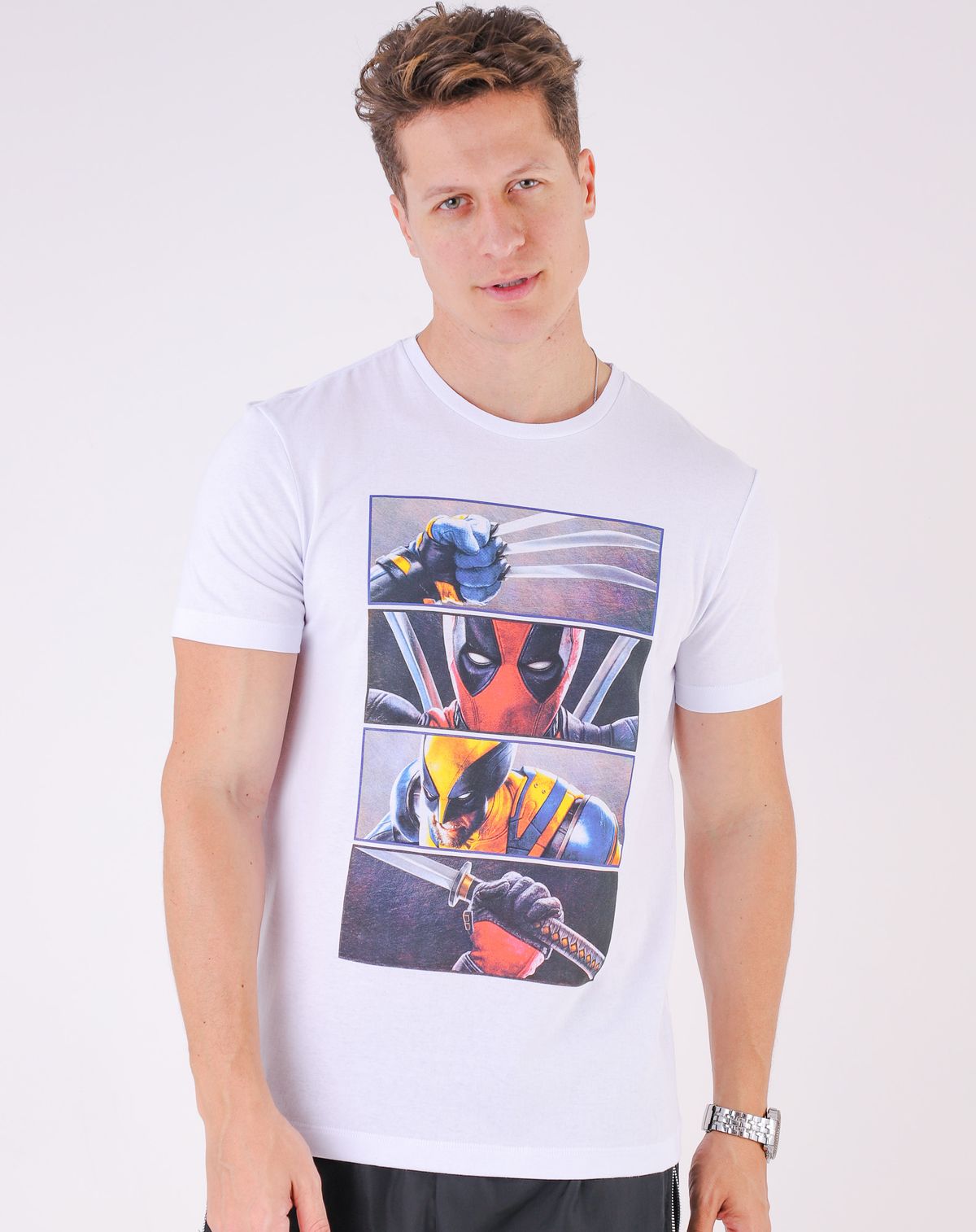 Camiseta Manga Curta Masculina Deadpool E Wolverine branco - p