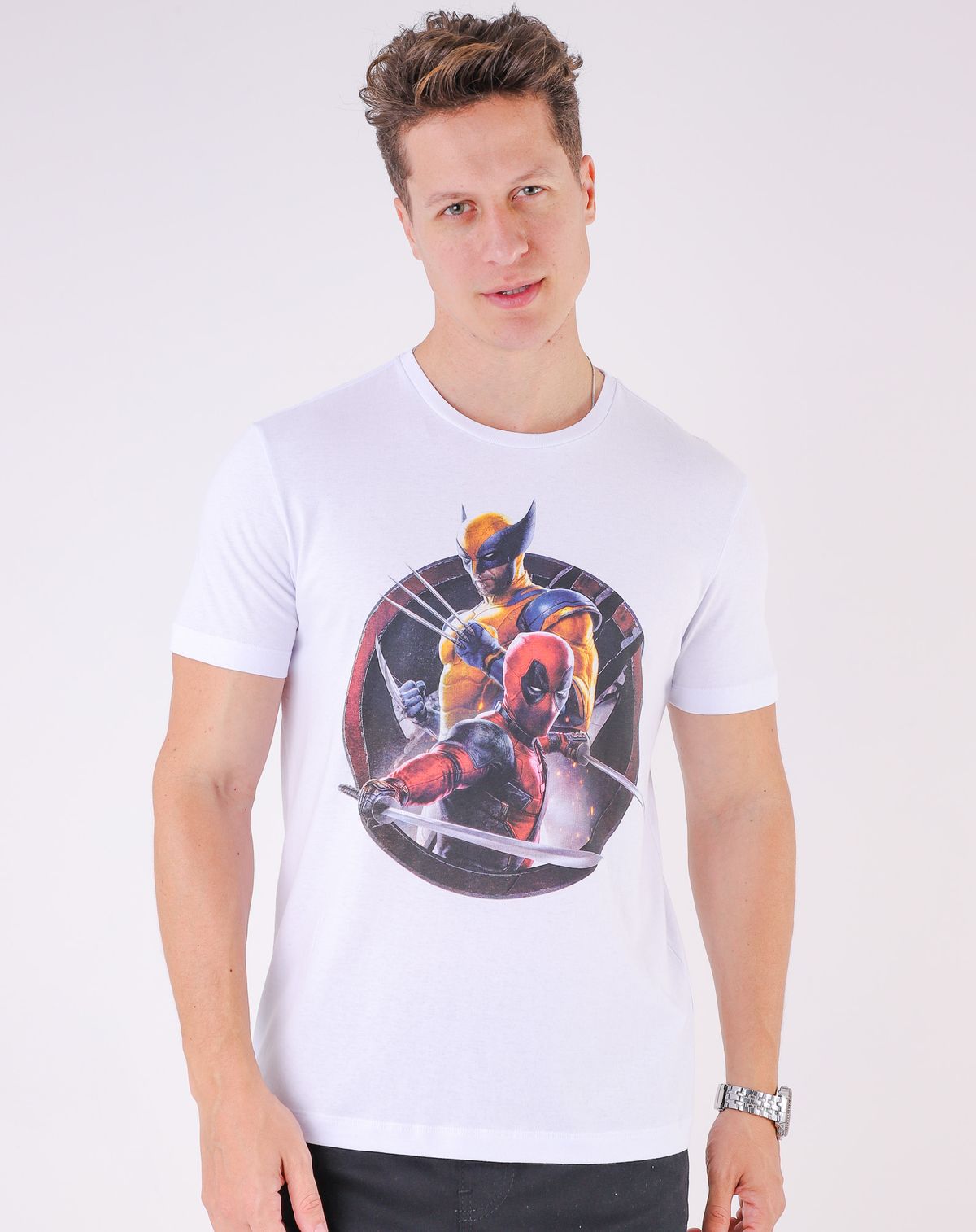 Camiseta Manga Curta Masculina Wolverine E Deadpool branco - p