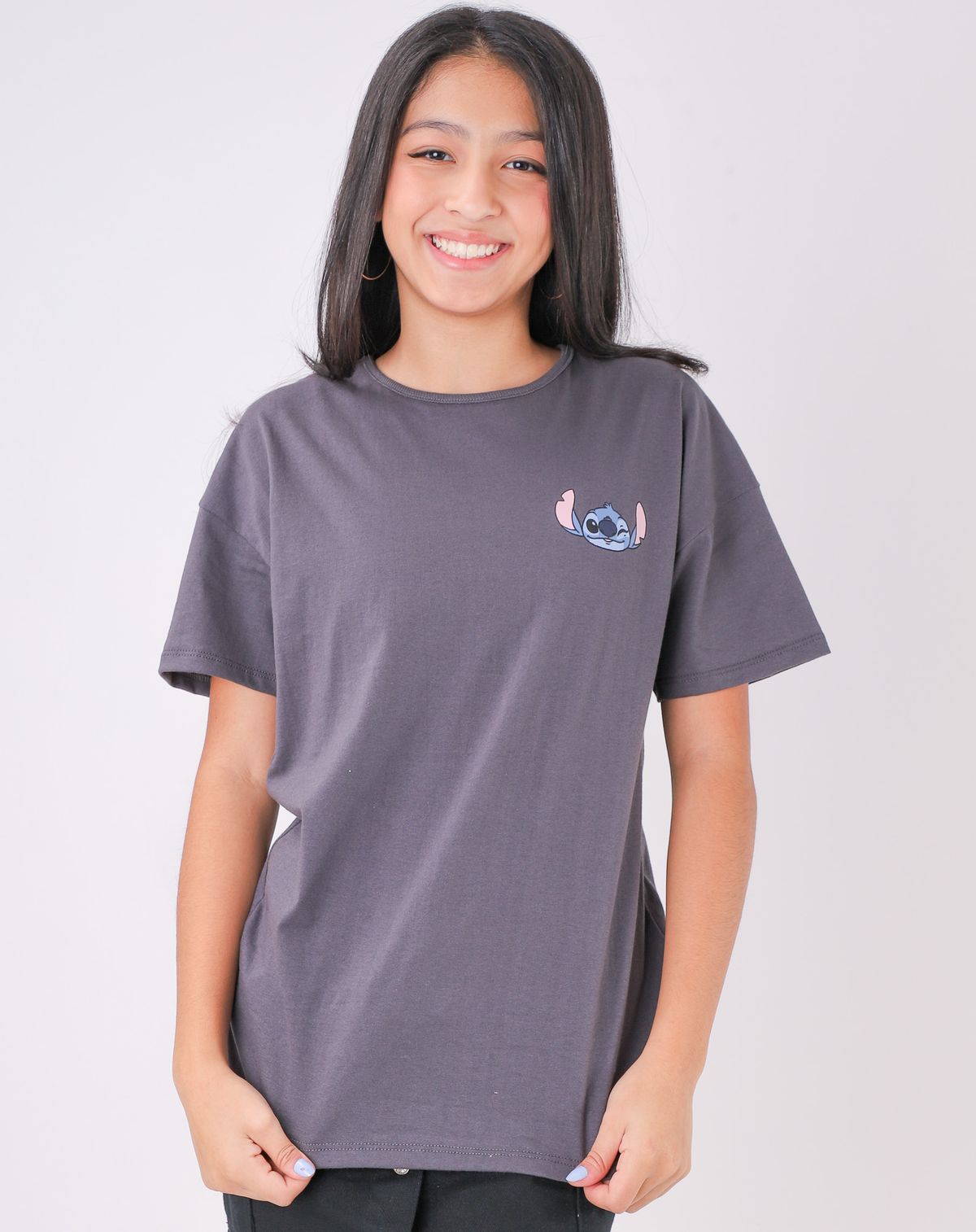 Camiseta Juvenil Menina Manga Curta Estampa Stitch (2) cinza - 12