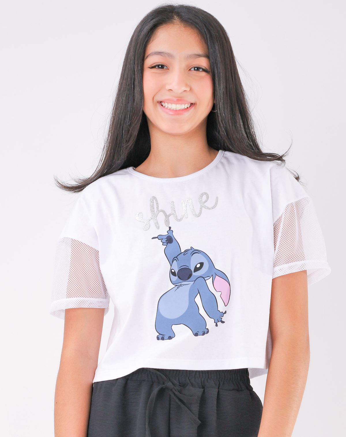 Camiseta Juvenil Menina Manga Curta Estampa Stitch branco - 12