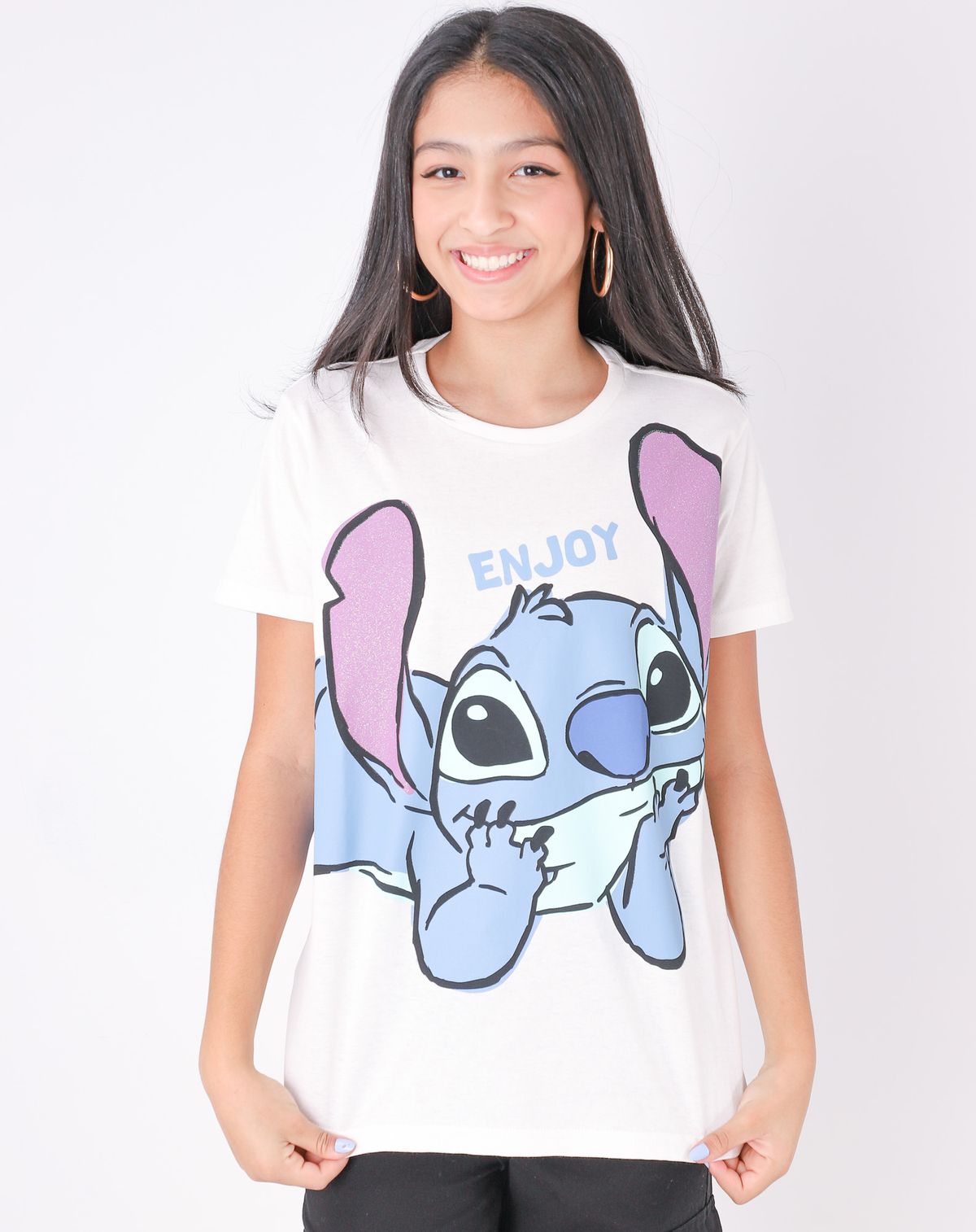 Camiseta Juvenil Menina Manga Curta Stitch off white - 16