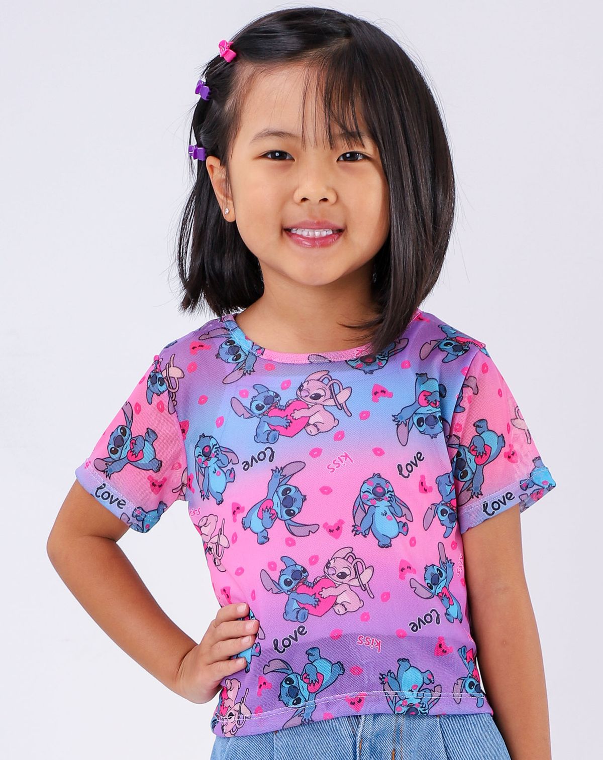 Camiseta Infantil Menina Manga Curta Stitch - Tam. 4 a 10 Anos lilas/rosa - 10