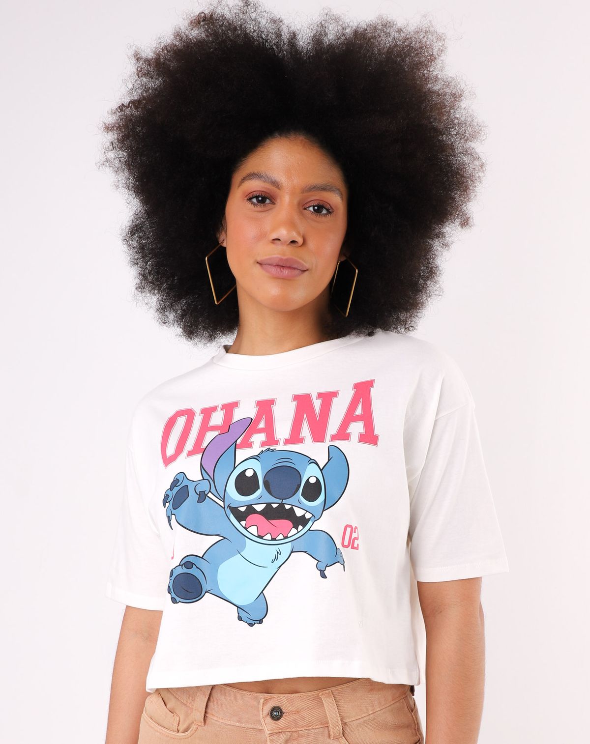 Camiseta Manga Curta Feminina Ohana Stitch off white - m