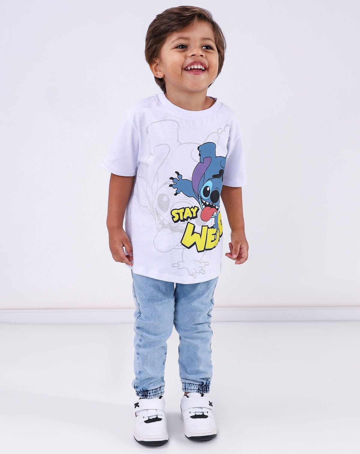 Camiseta Manga Curta Infantil Menino Estampa Stitch branco - 1