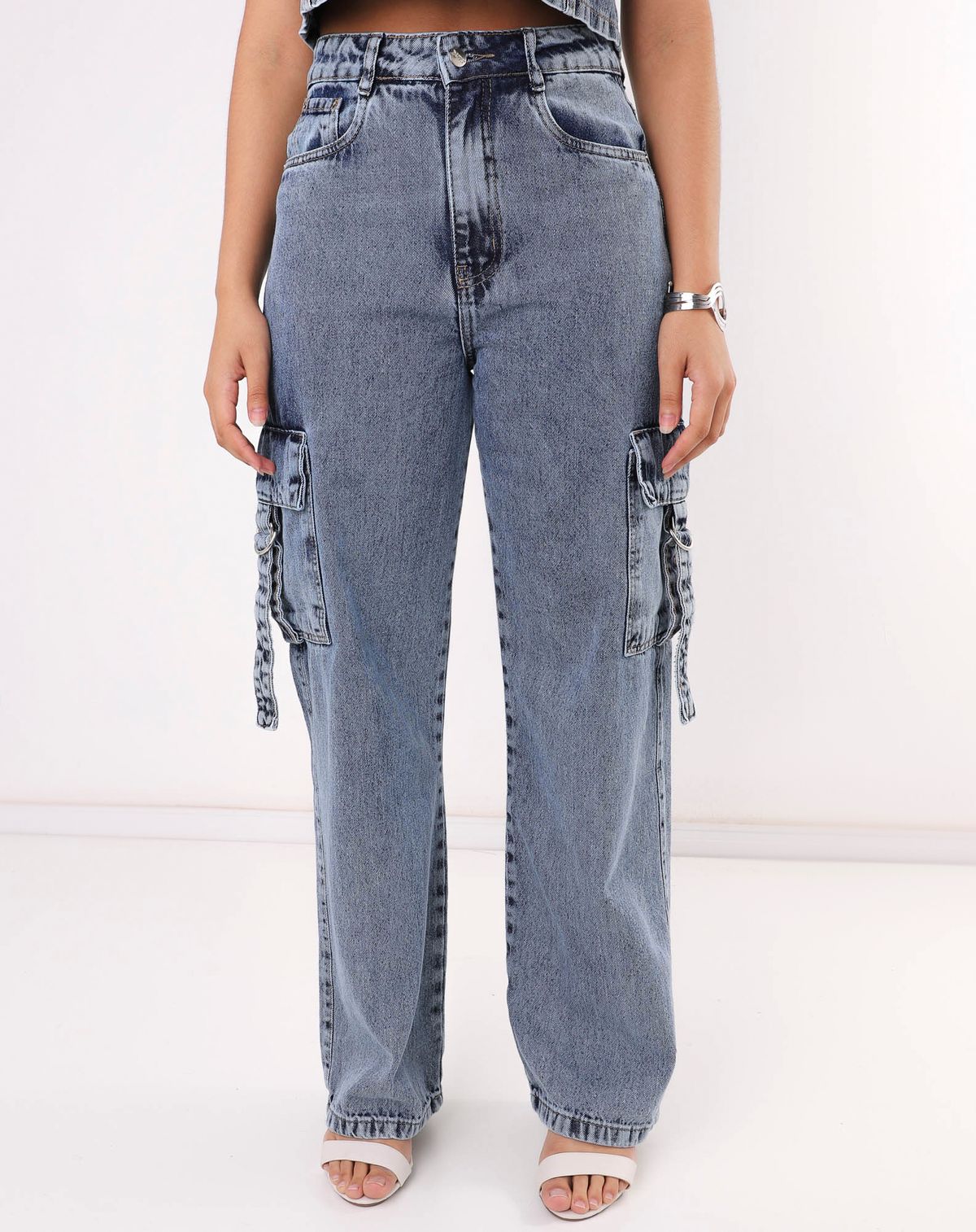 Calça Jeans Wide Leg Feminina Cargo jeans mÉdio - 38