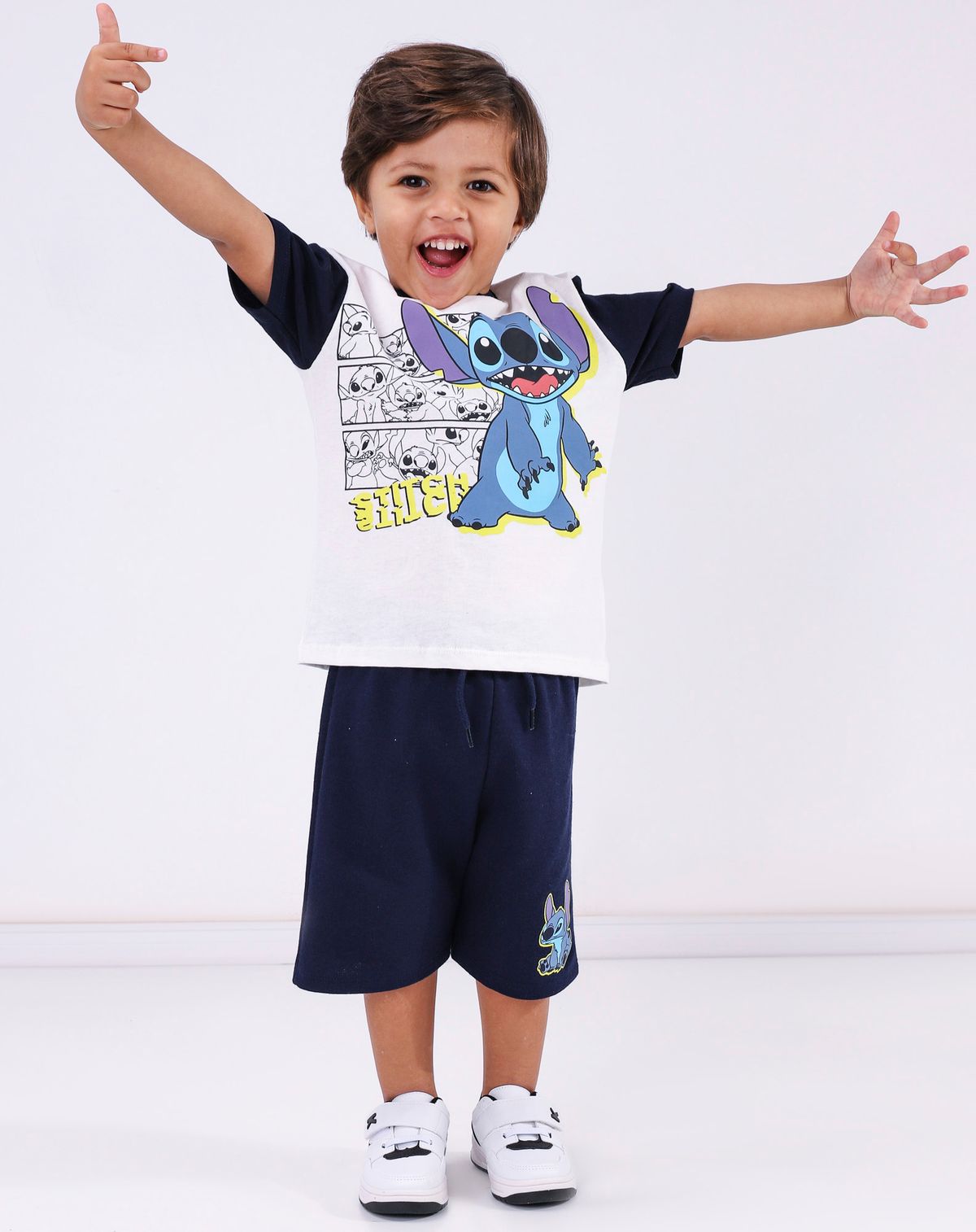 Conjunto Curto Infantil Menino Stitch - Tam. 1 a 3 Anos off white - 2