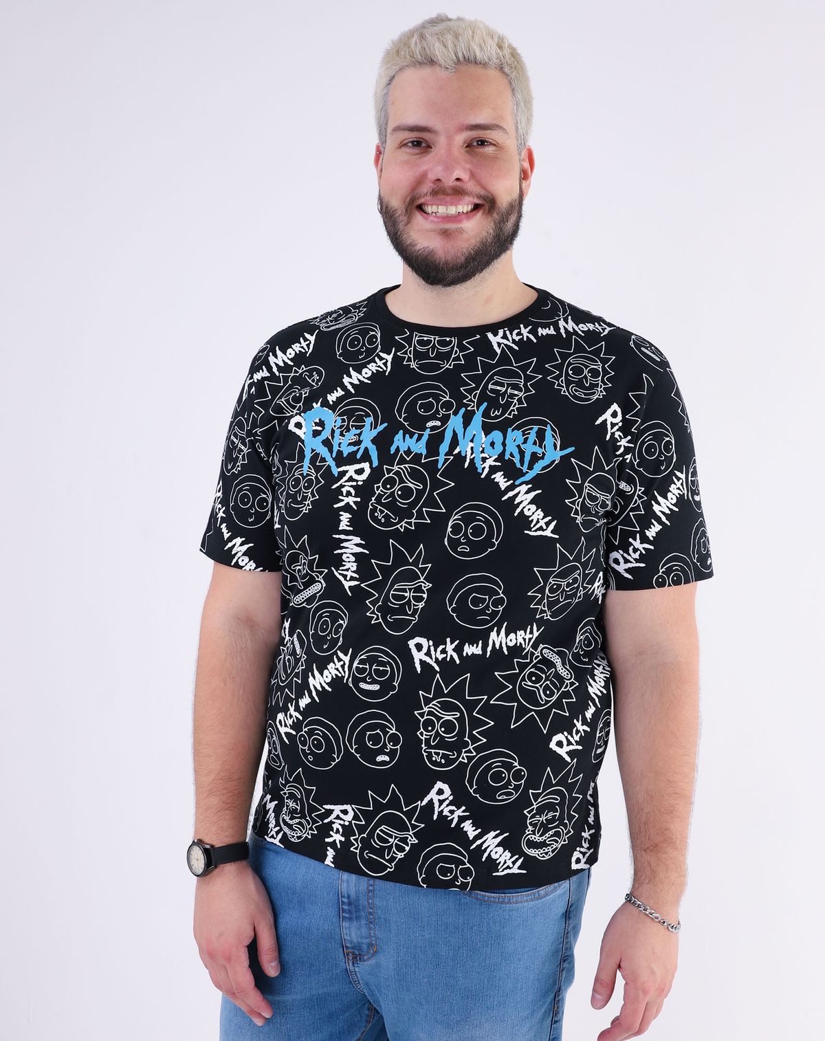 Camiseta Plus Size Manga Curta Masculina Estampa Rick E Morty preto - g1