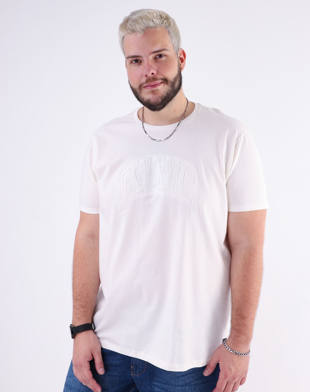 Camiseta Manga Curta Plus Size Masculina Estampa NYC off white - g1