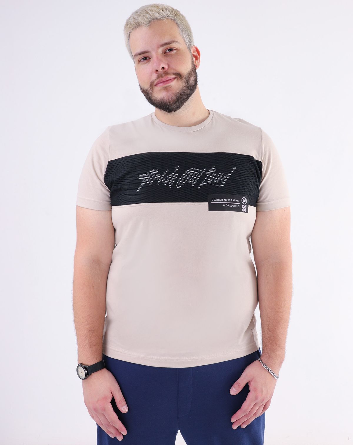 Camiseta Manga Curta Masculina Plus Size Recorte Em Tela bege - g1