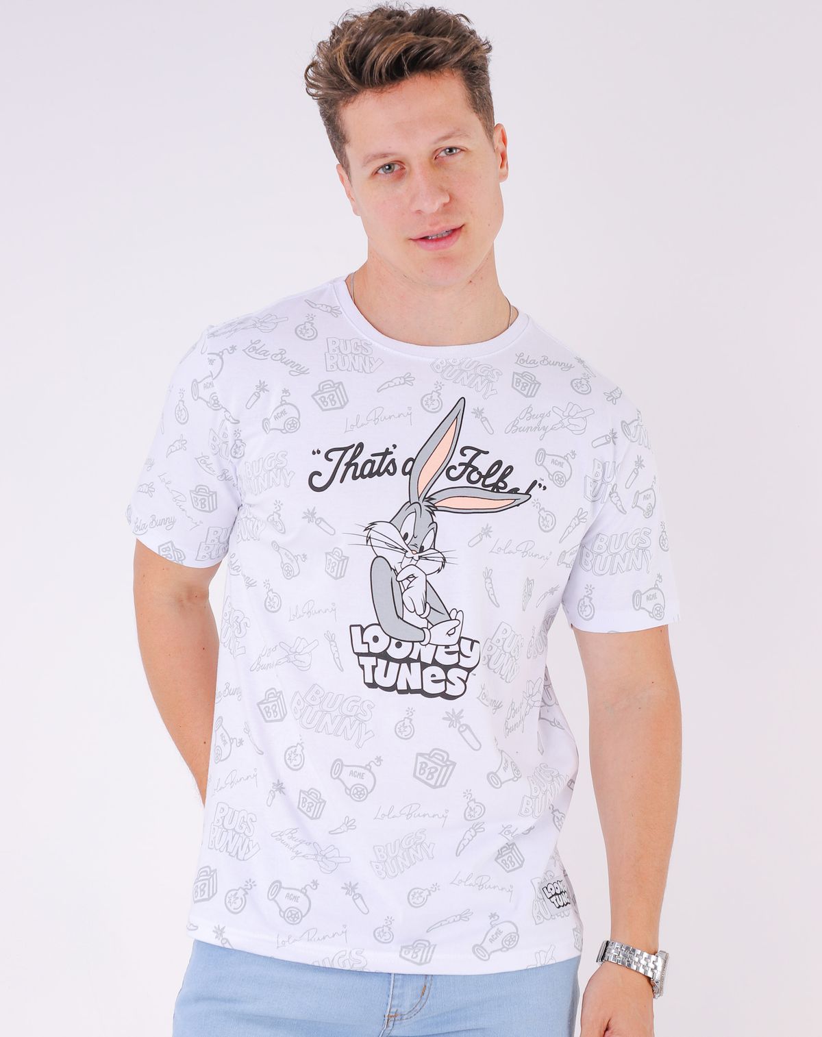 Camiseta Masculina  Manga Curta Masculina Looney Tunes branco - p