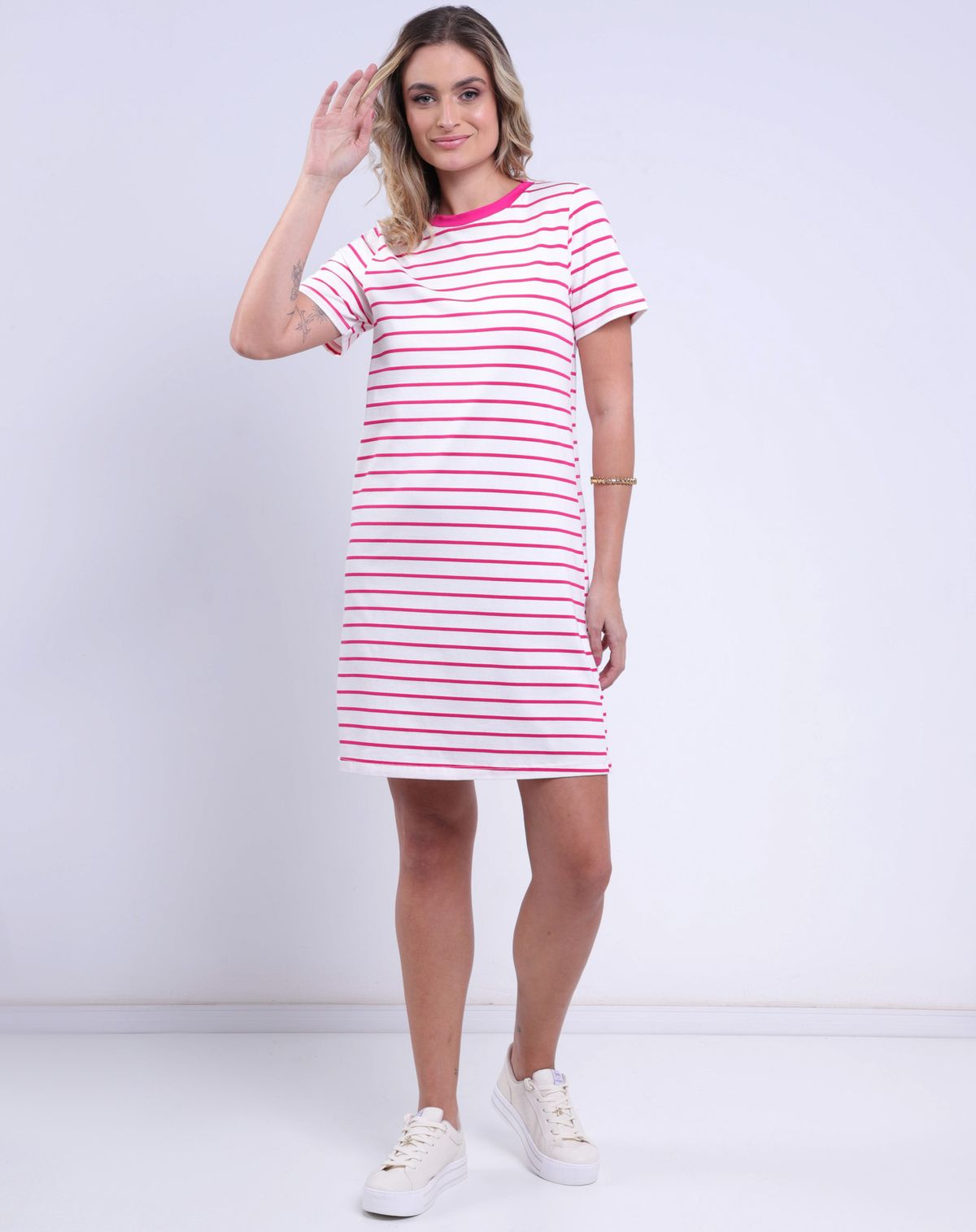 Vestido Listrado Feminino Decote Redondo pink - p